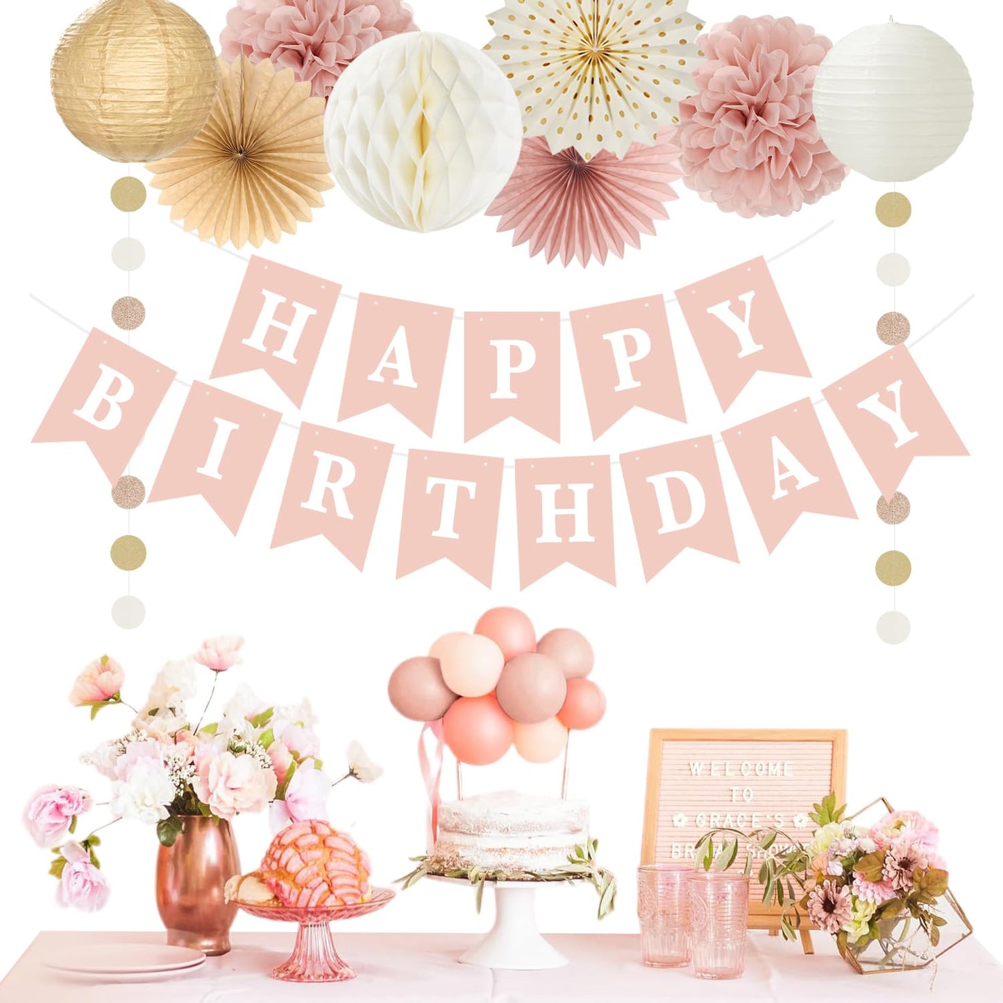 Pink Rose-Gold Champagne-Beige Birthday Party-Decorations - 19pcs Boho Rustic Streamers Banner,Paper Star Garland Lanterns Honeycomb Fan,Tissue Pom Poms,Wall Ceiling Backdrop Supplies Ouruola