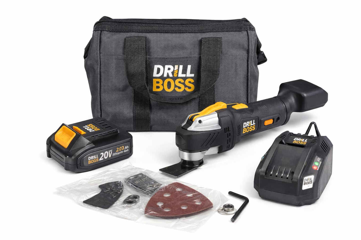 Drill Boss 20V Brushless Cordless Oscillating Multi-Tool Kit, Variable Speed 8,000-18,000 OPM, Keyless Blade Change, LED Work Light, Blades, Accessories, Battery, Charger and Bag