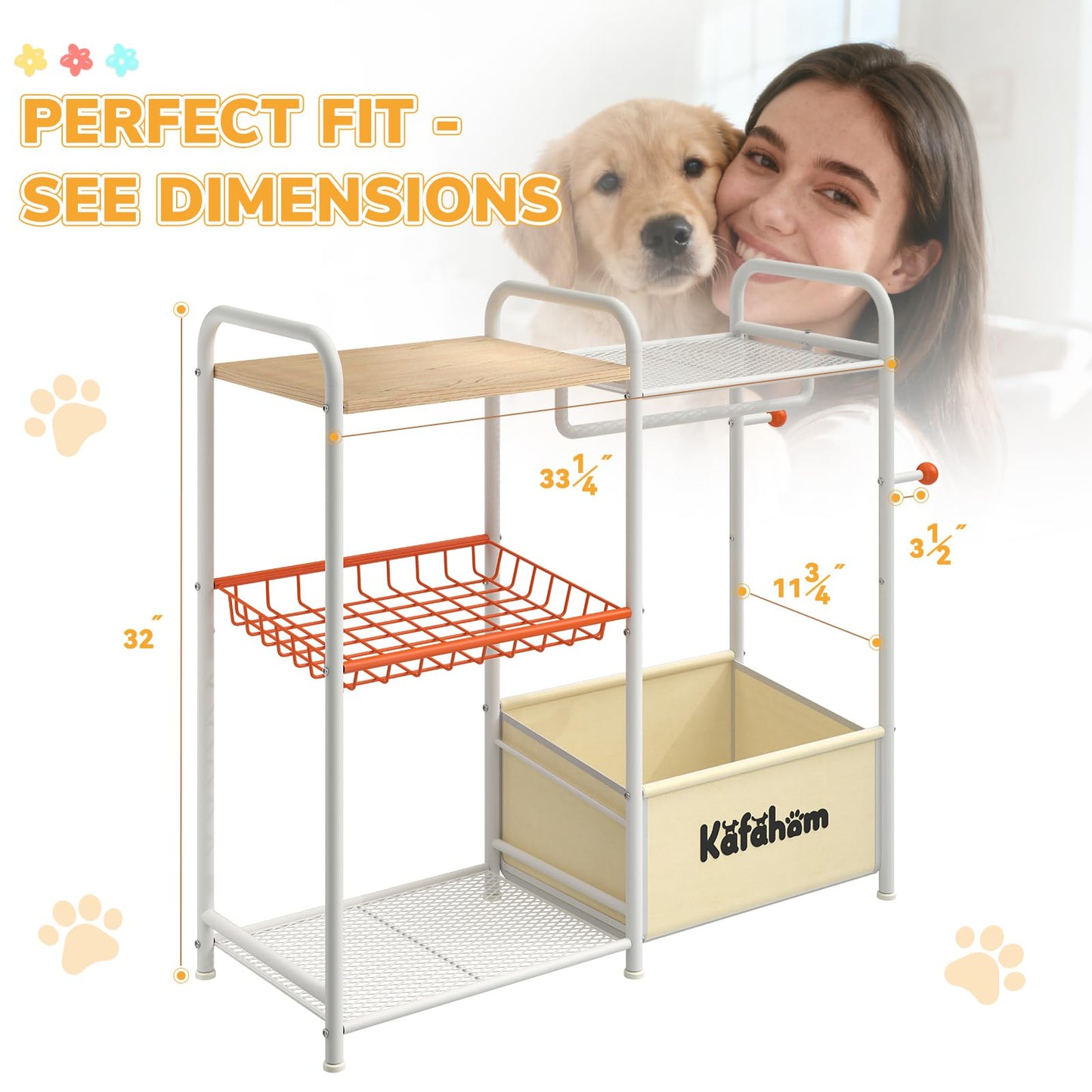 KAFAHOM Dog Toy Bin, Multi-Functional Dog Toy Basket with Collar Rod & Can Dispenser, Puppy Essentials Shelf, Dog Stuff Box, Perfect Basket for Dog Toys in Living Room, Great Gift for Pet Lovers
