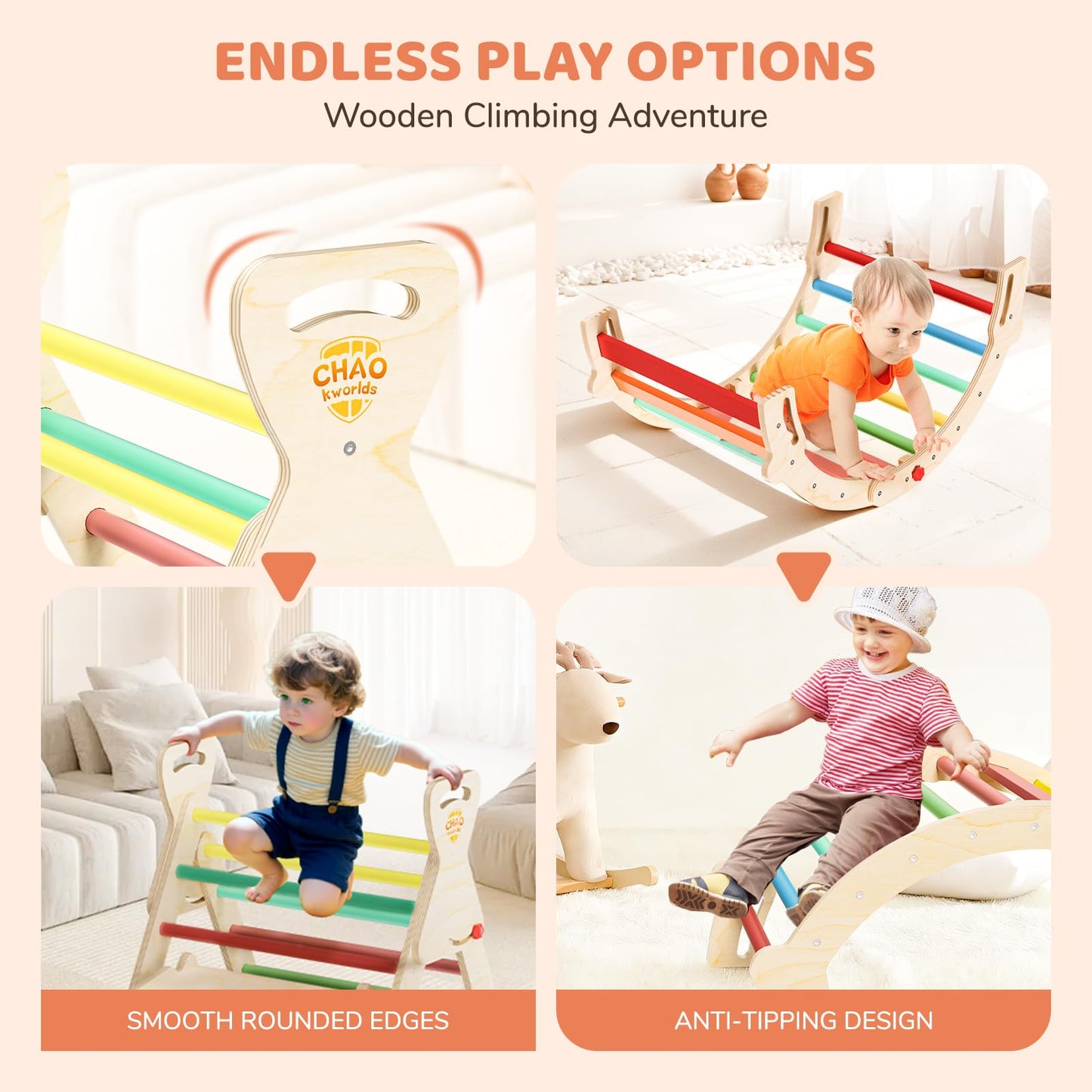CHAO KWORLDS Pikler Triangle Set Foldable, Montessori Climbing Toys for Toddlers 1-3, Wooden Indoor Jungle Gym, 8-in-1 Toddler Climber with Slide & Arch, Space Saving Indoor Playground