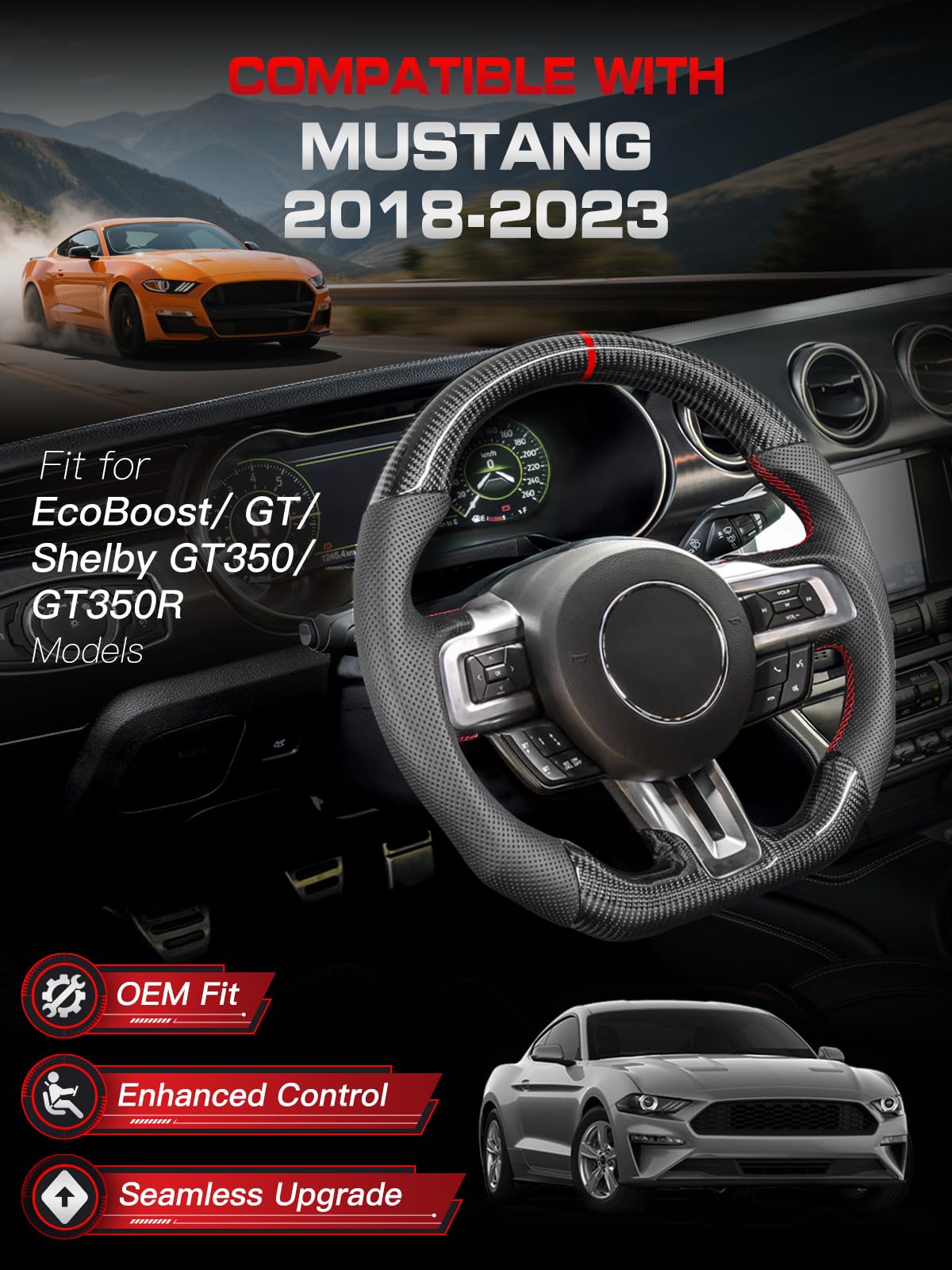TESFEEL Real Carbon Fiber Steering Wheel for Ford Mustang 2018-2023, D-Shape Flat Bottom, Premium Nappa Leather with Red Stripe & Hand-Stitching, for EcoBoost/GT/Shelby GT350&GT350R
