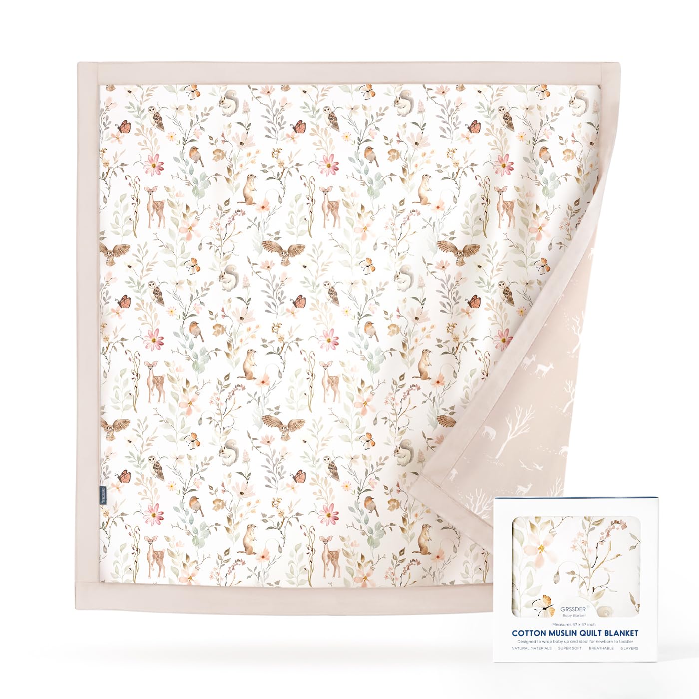 GRSSDER Muslin Cotton Quilt Blanket - Silky Soft and Breathable Baby Blanket Quilt, Oversized Muslin Blankets for Newborns, Toddlers & Kids, 6 Layers Reversible Design for All Seasons, 47" x 47"