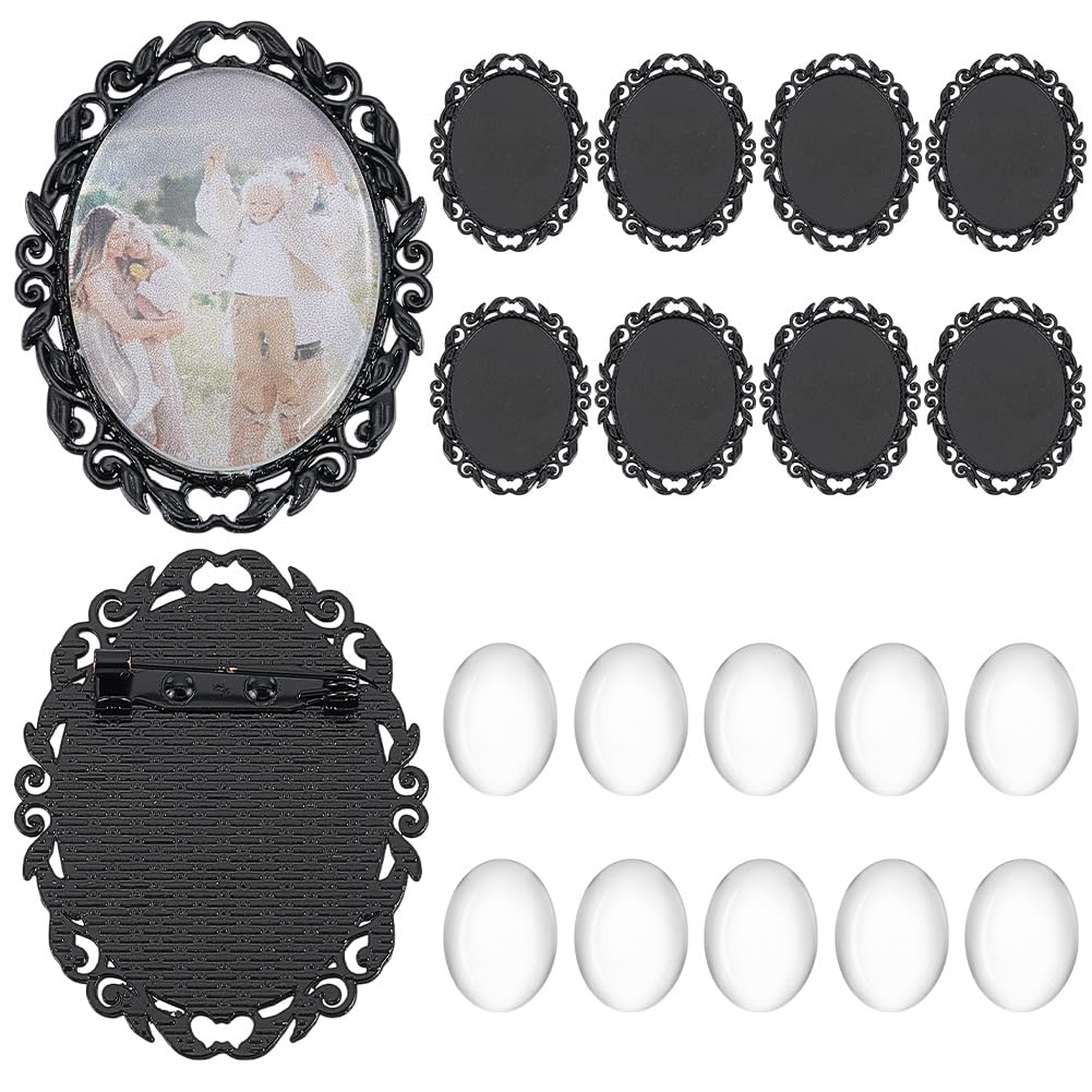 PH PandaHall 10 Sets Brooch Cabochon Making Kit, 40x30mm Vintage Oval Brooch Bezel Blank Photo Brooches Memorial Photo Pins with Clear Glass Cabochons for Jewelry Making Wedding Party, Black