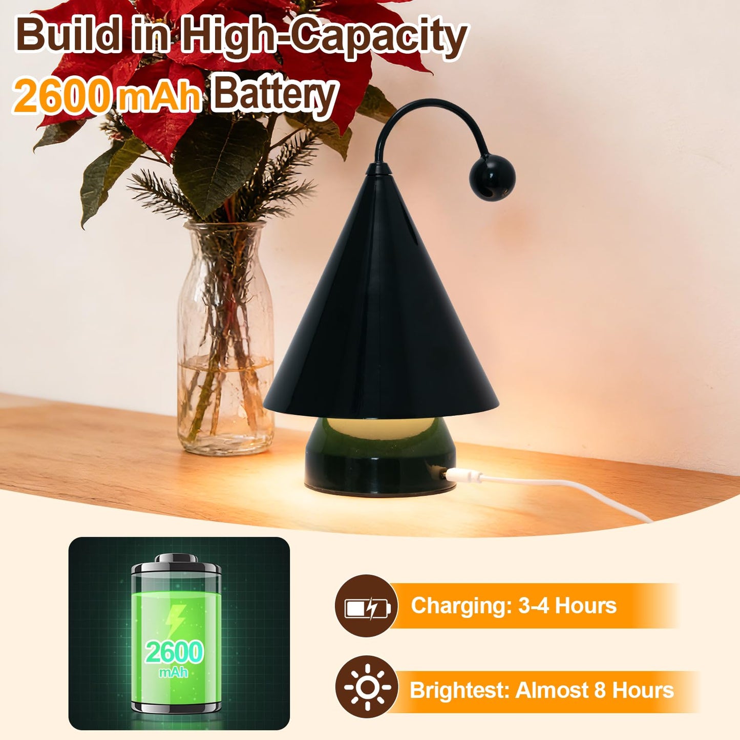 Qeipy Led Lights Cozy Home Decor Cute Christmas Tree Desk Lamp Ambient Lighting,Touch Control, Cordless Rechargeable Battery Operated,for Living Room,Bedroom,Nightstand (Black)