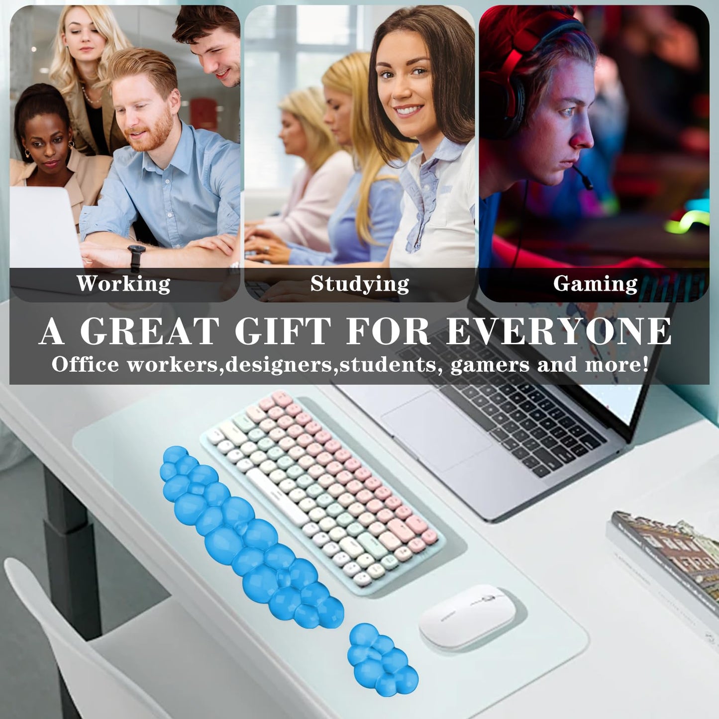 Gel Cloud Keyboard and Mouse Wrist Rest, Cute Wrist Support and Arm Support Keyboard Rest for Keyboard and Mouse Typing Pain Relief，Suitable for Office/Computer/Laptop/Gaming (Blue)