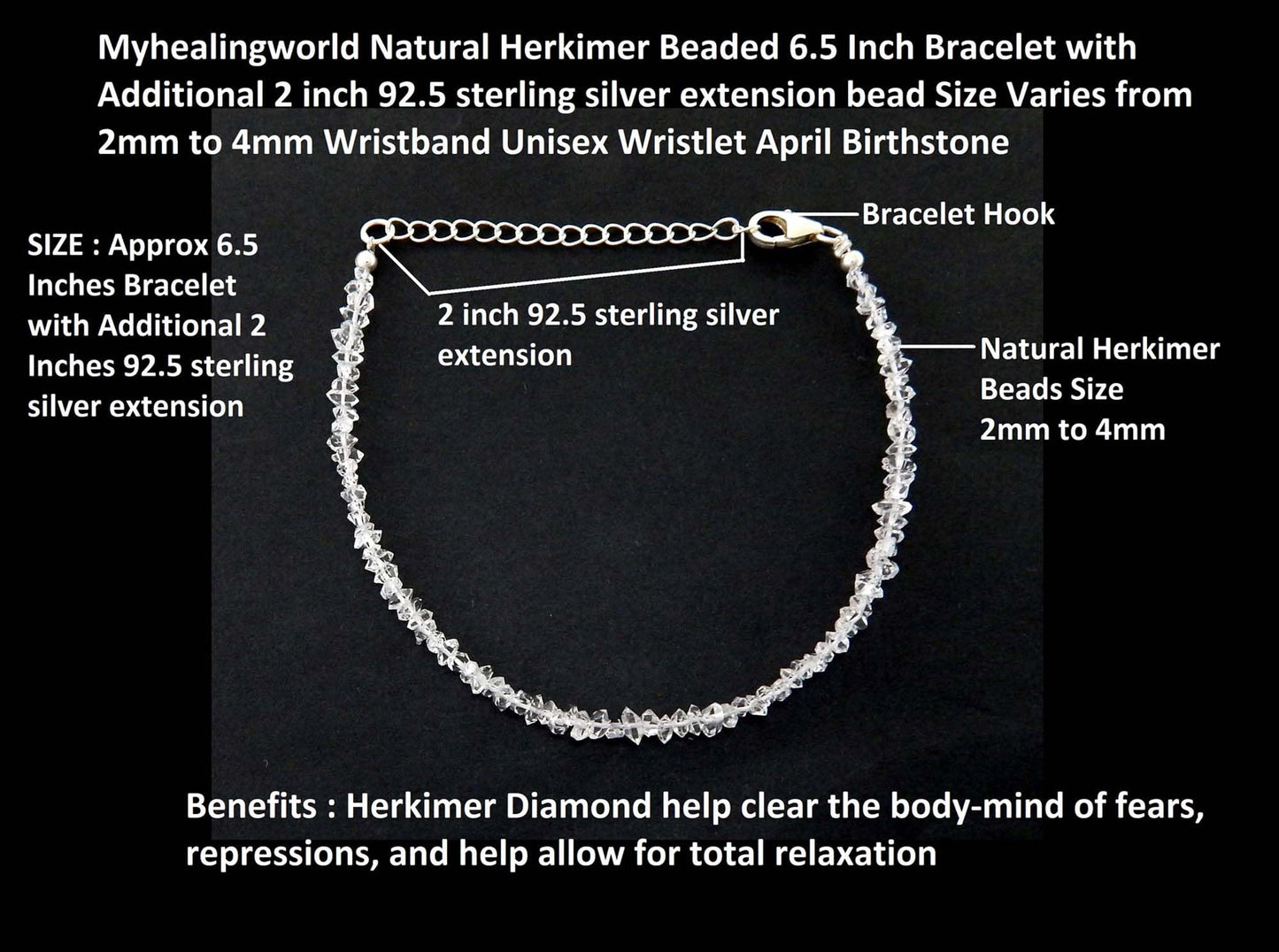 Myhealingworld Natural Herkimer Beaded 6.5 Inch Bracelet with Additional 2 inch 92.5 sterling silver extension bead Size Varies from 2mm to 4mm Wristband Unisex Wristlet April Birthstone