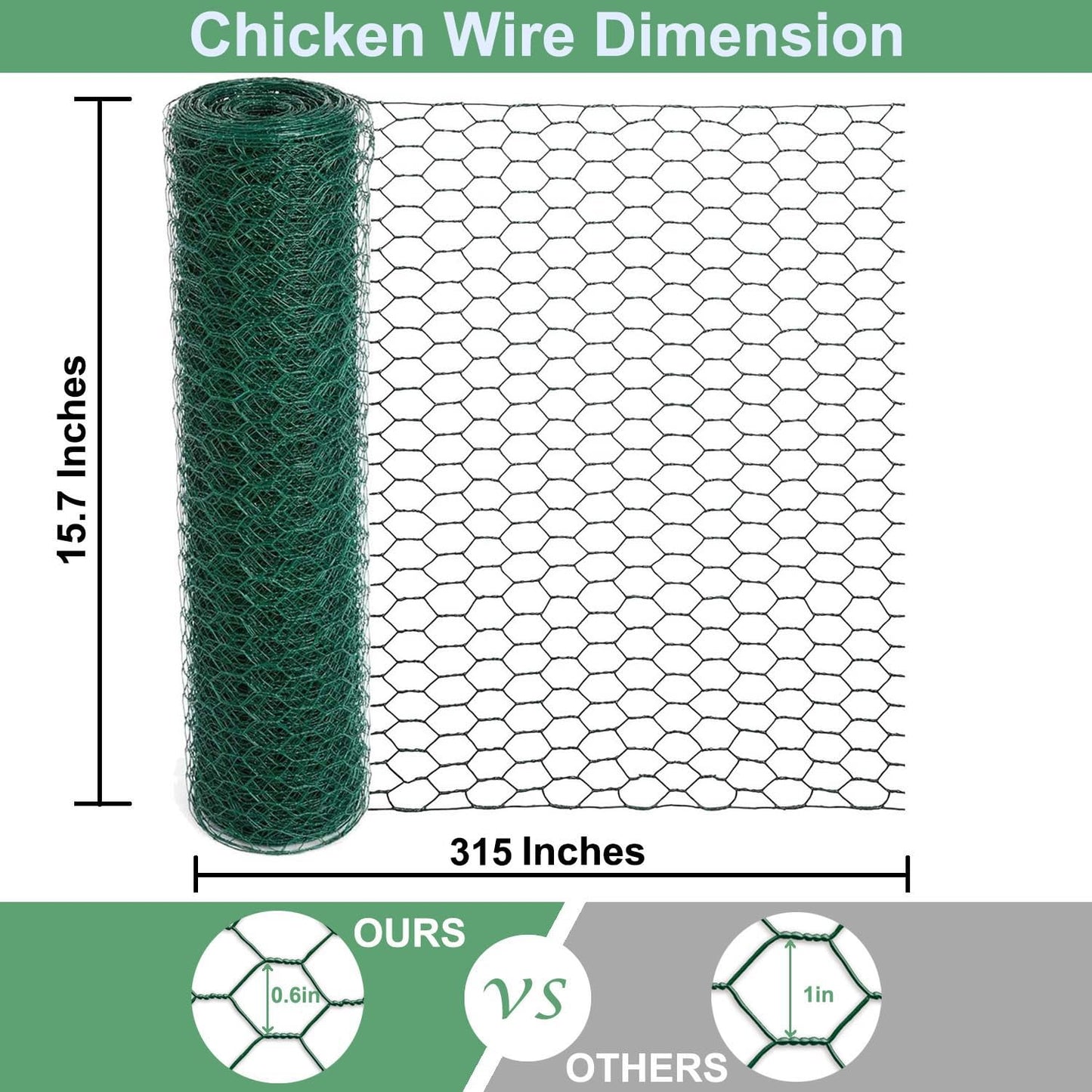 Mklsit Chicken Wire 15.7 x 315 Inches Chicken Wire Fencing Mesh Green PVC Coated Floral Chicken Wire for Crafts Poultry Garden, Hexagonal Galvanized Chicken Coop Rabbit Wire Fencing Netting