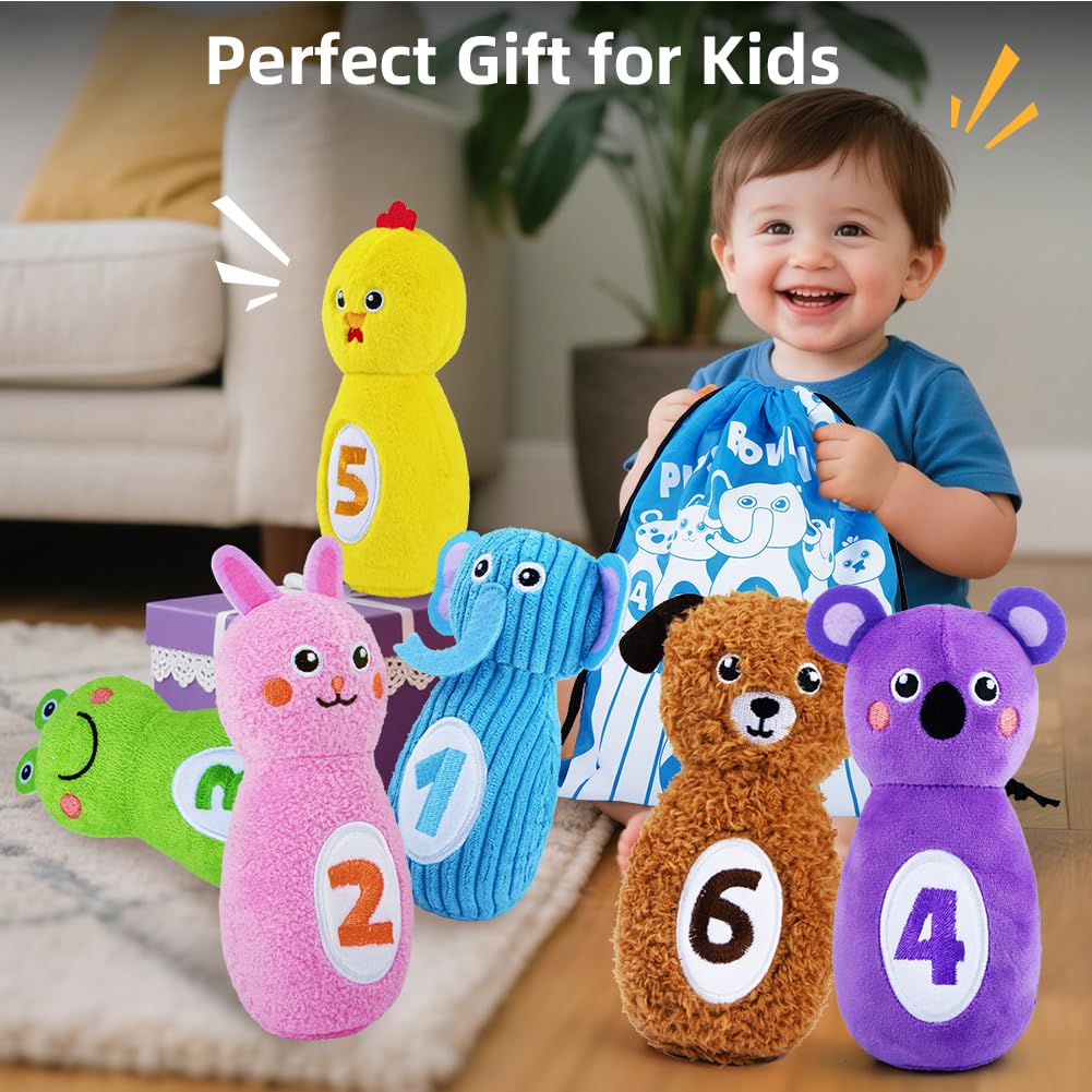 teytoy Baby Bowling Set for Toddlers 1-3, Bowling Games for Kids Indoor with 6 Pins and Storage Bag, Animal Themed Sensory Toys with Rattle & Number, Easter Christmas Birthday Gift
