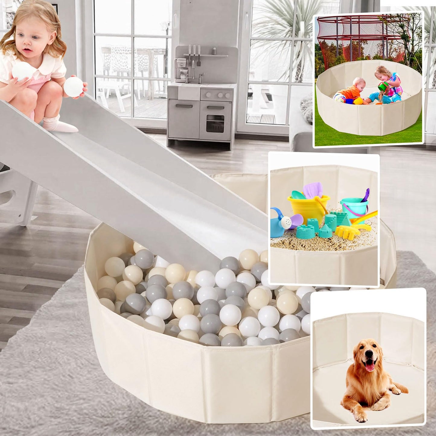 31 Inch Beige Ball Pits for Toddlers Dogs Cats, Kids Ball Pits Play Tent, Collapsible Ball Pits Crawl Playpen Ball Pool with Storage Bag, Gift for Boys Girls Dogs Pets Birthday (Balls Not Include)
