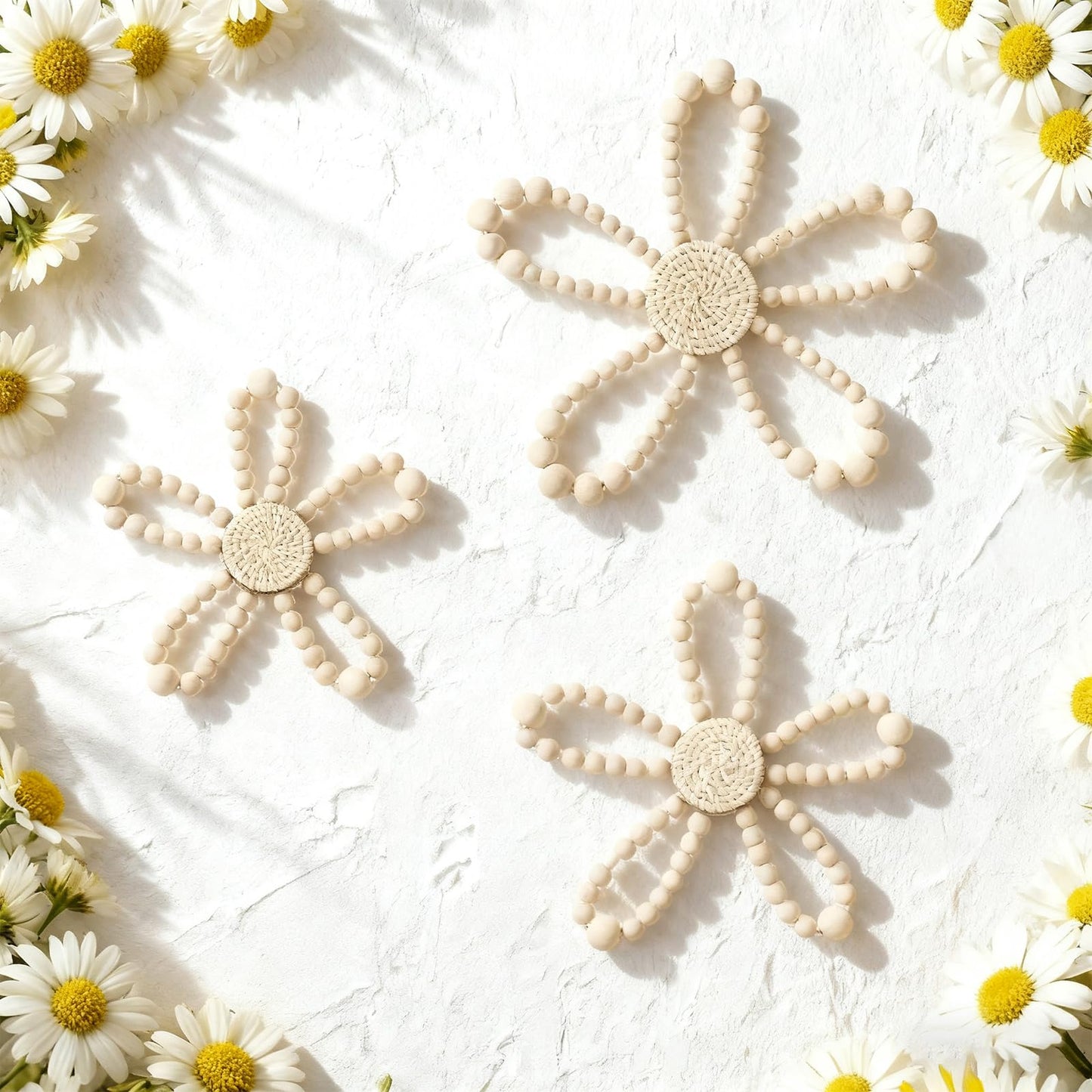 AceOrbit 3 Pcs Boho Daisy Flower Wall Decor, Wood Bead Daisy Wall Art, Beaded Wildflowers, Farmhouse Boho Nursery Decor for Baby Girls Kids Bedroom Dorm Playroom, 7.87'', 5.91'', 4.72''