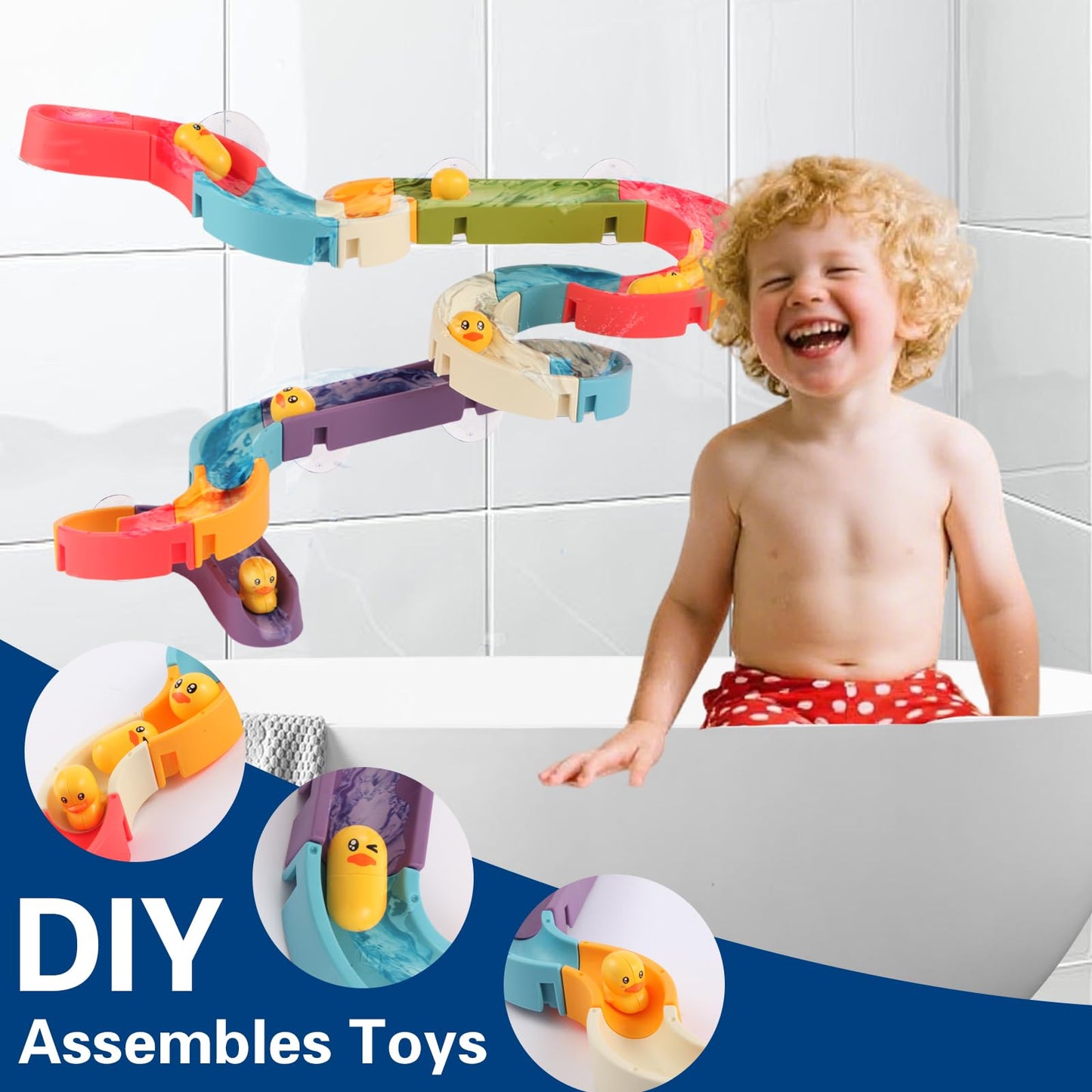 Fracurs Duck Slide Bath Toys for Kids Ages 4-8, Bathtub Toys DIY Wall Track Building Kit for Toddlers 2-4 3-5, Fun Shower Toys Bathtub Time Birthday Gift for 3+ Years Old Boys and Girls（34PCS）