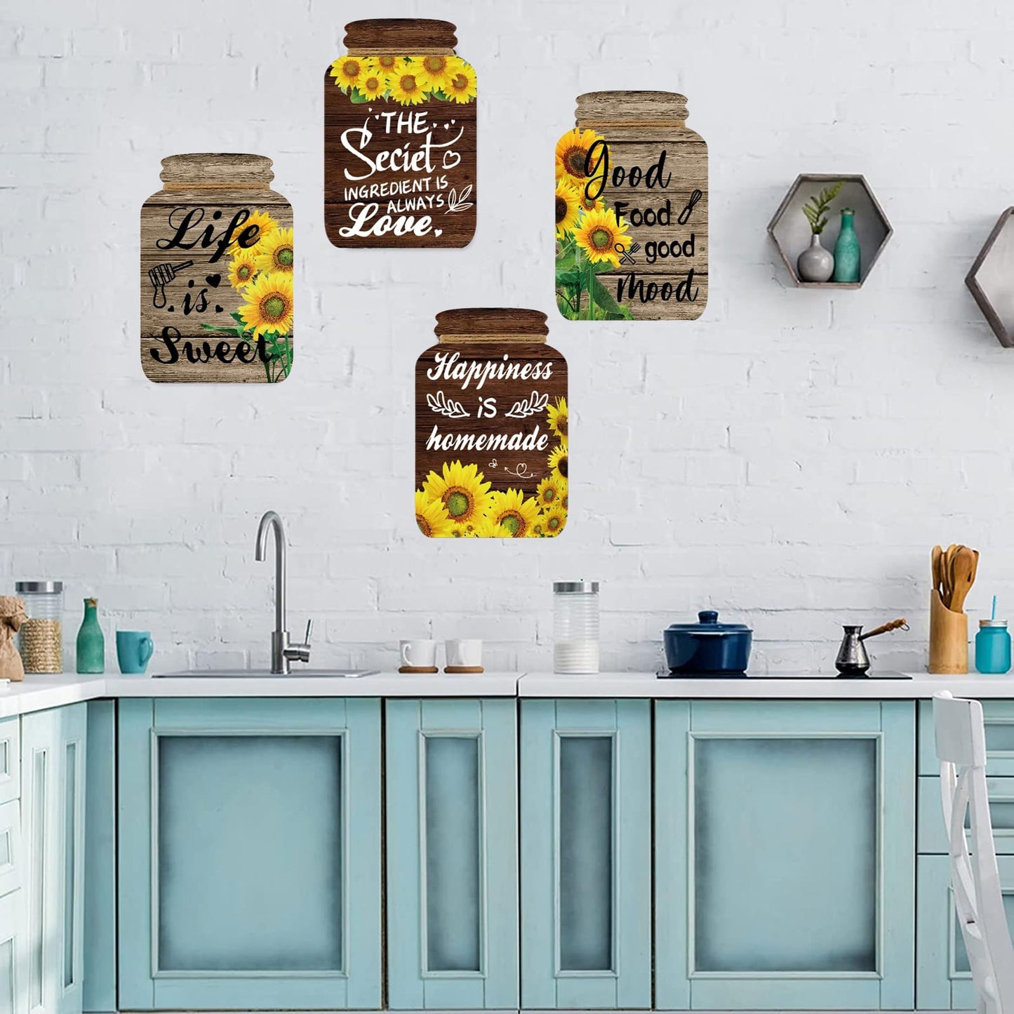 4 Pieces Kitchen Wall Decor Mason Jar Set, Wooden Kitchen Dining Room Signs Country Wall Art Farmhouse Tiered Tray Decor 7.1 * 4.7Inch (Sunflower)
