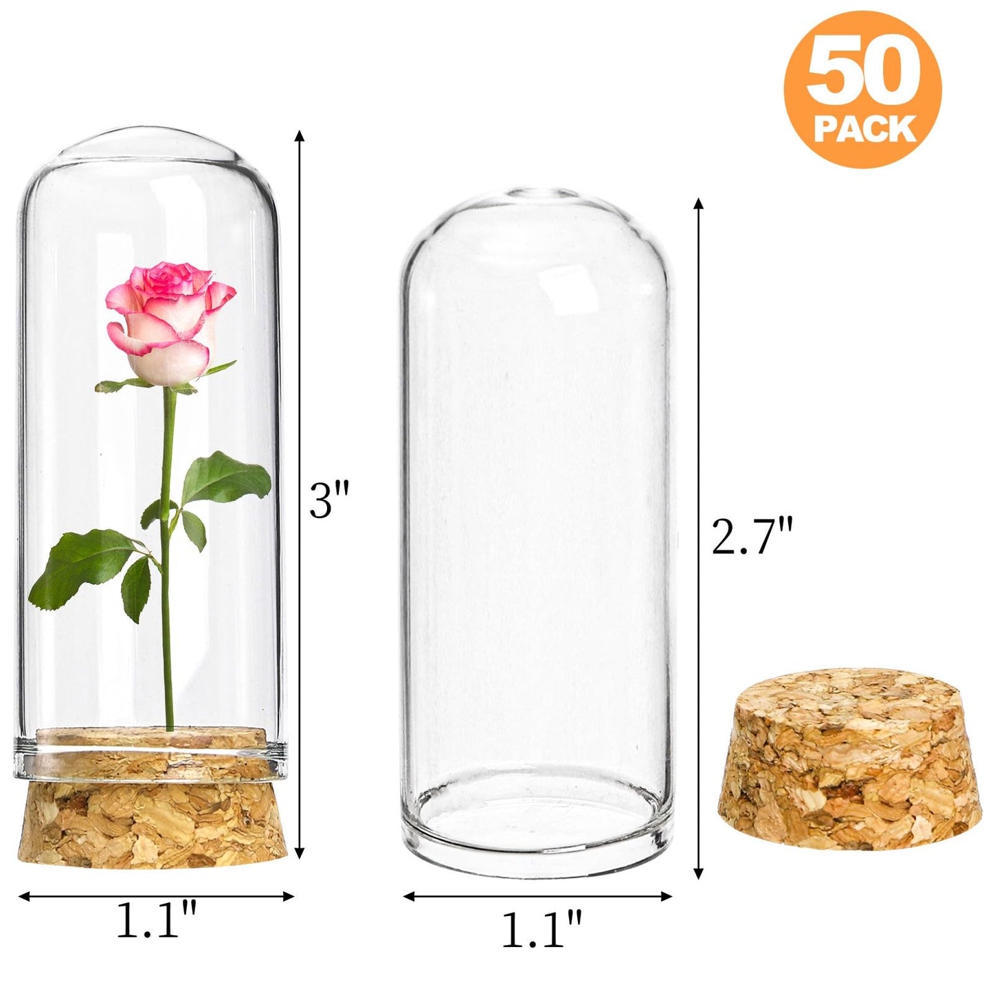 Mezchi 50 Pack 40 ml Glass Cloche Dome, 3 Inch Small Glass Bottles with Cork Stoppers, Decoration Message Bottle Vial Cork for Candy, DIY Art Crafts, Wedding Party Favors