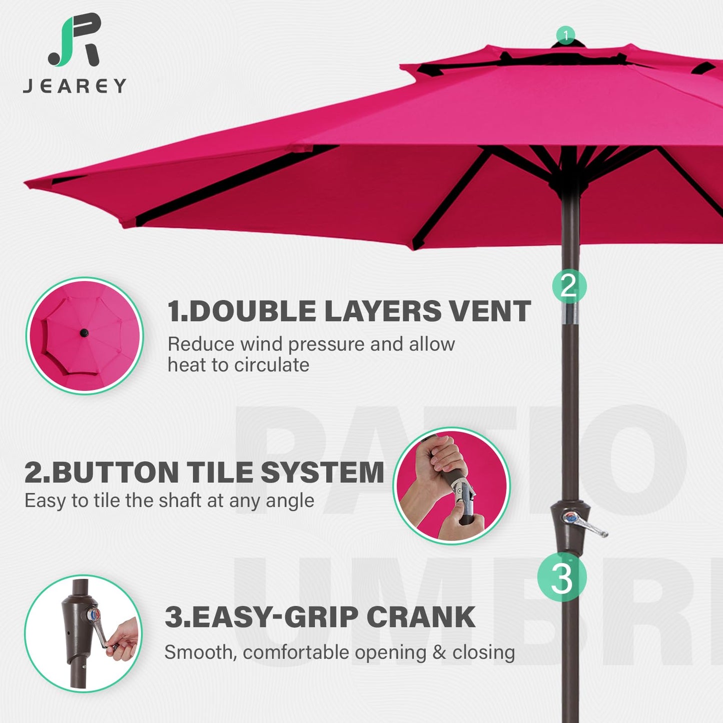 JEAREY 9' 2-Tiers Patio Umbrellas Outdoor Table Market Umbrella w/Push Button Tilt/Crank, 8 Sturdy Ribs, UV Protection Waterproof Sunproof(Rose Pink)