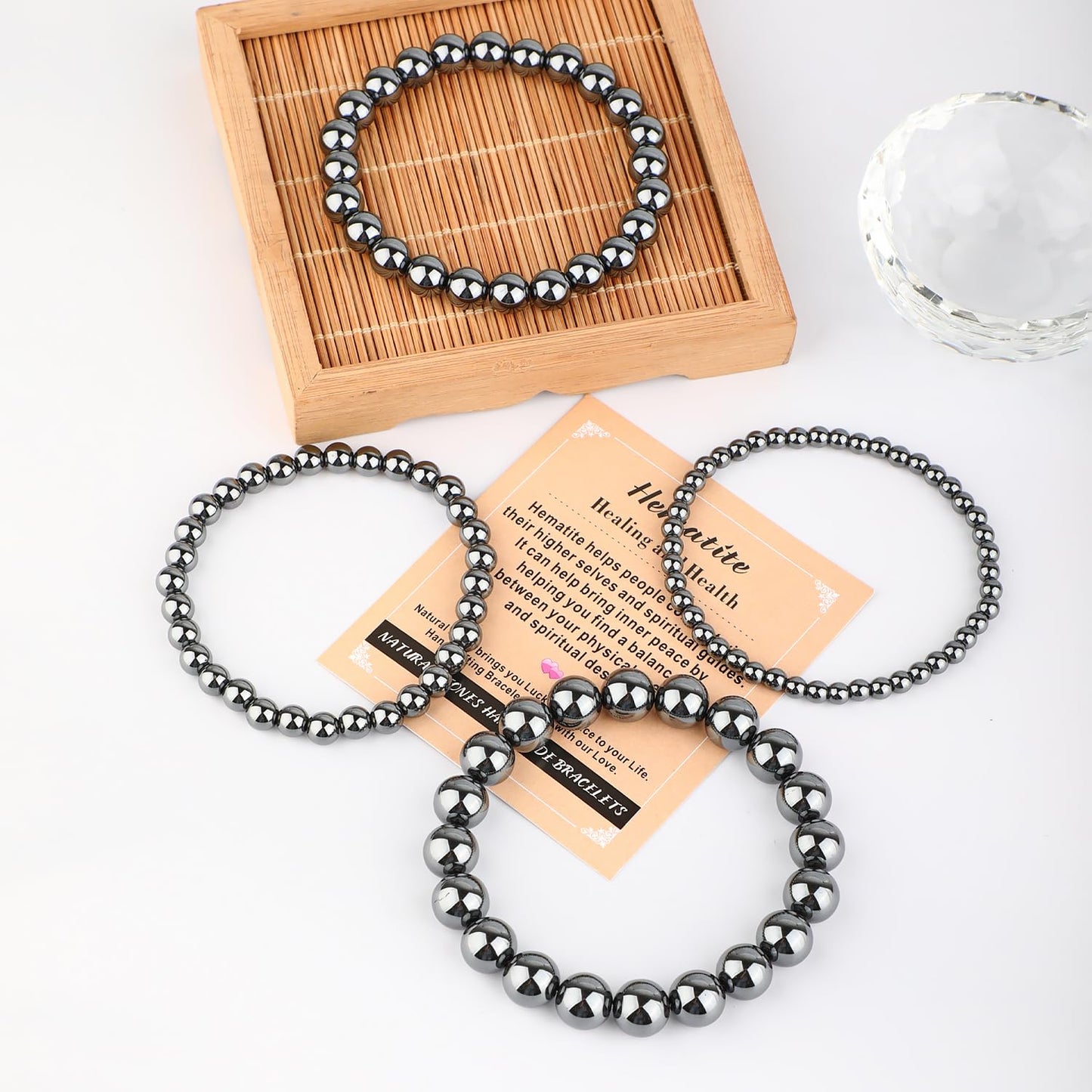 AD Beads 6mm Handmade Hematite Elastic Bracelet – Natural Gemstone for Healing and Health – Meditation, Yoga, Healing and Energy Gift for Men Women