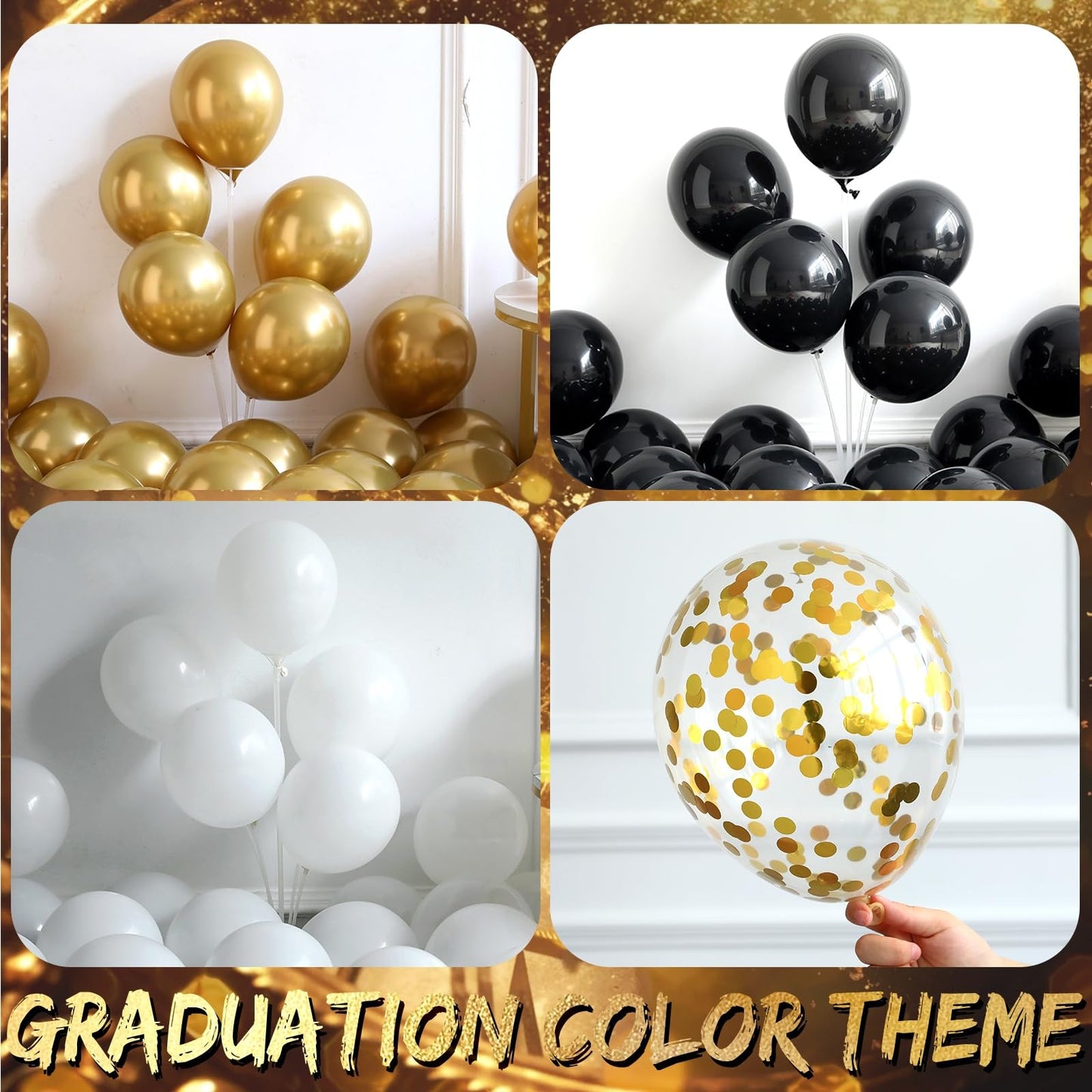 135Pcs Black Gold White Graduation Balloon Garland Arch Kit,with Explosion Star,Diploma,Trophy,Grad Hat,Photo Frame Foil Balloons for Congrats Class of 2026 Graduates Celebrations Party Decoration