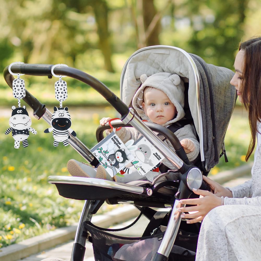 Baby Hanging Rattle Toys, Black and White High Contrast Baby Toys, Stroller Mobile Toy with Soft Plush Animal Rattles and Soothing Sounds, 4 Pack (Animal)