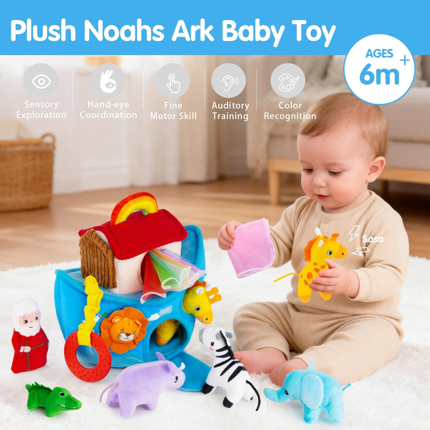 Baby Toys 6-12 Months - Noah's Ark Toy with Stuffed Animals, Baptism Gifts for Boys Girls, Montessori Toys for 6 Month Old Babies Sensory Tissue Box Toy for 1 Year Old