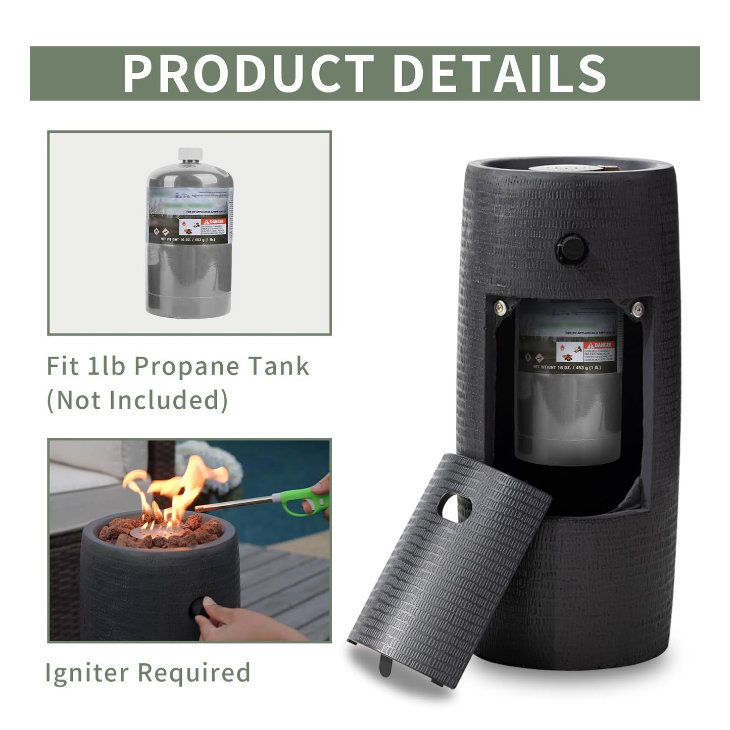 COSIEST Outdoor Propane Fire Pit Table w Compact Ledgestone 11-inch Round Graphite Base, Certified, 40,000 BTU, Free Lava Rocks, Touch-up Pen, Fits 20lb (Black)