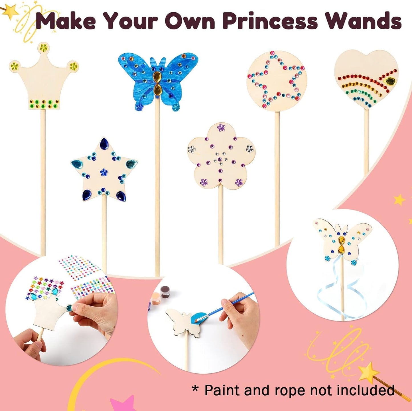 Pllieay Princess Fairy Wands Kit for Birthday Party Favors Decorations, Include 18 Pieces 6 Styles Unfinished Wooden Princess Wand and 4 Gem Stickers Princess Art Magical Show for Party Supplies