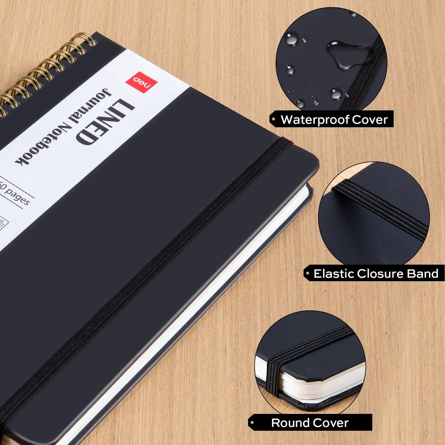 Deli 3-Pack Lined Spiral Journal Notebook Black, 160 Pages, A5 (5.5"x8") Hardcover Writing Notebook, College Ruled Spiral Bound Journal for Women & Men - Perfect for Work, School, Office & Note Taking