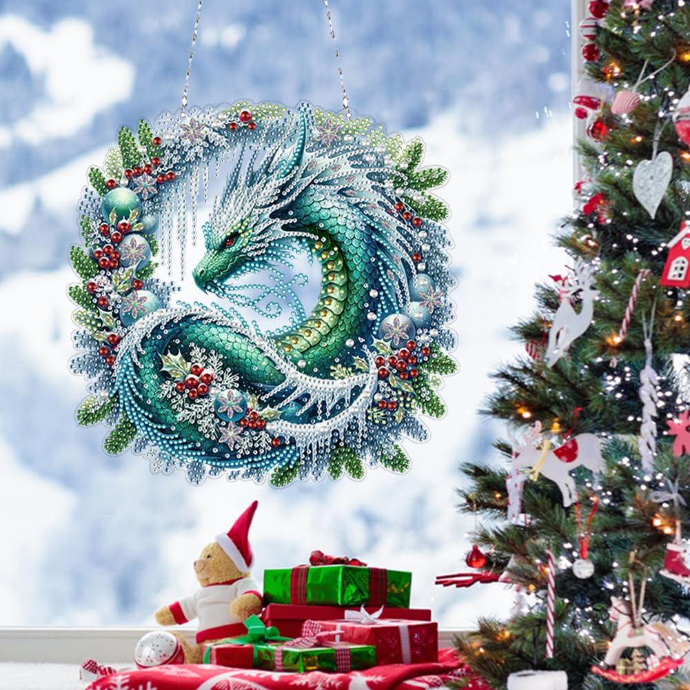 5D Diamond Art Painting Kits Hanging Pendant Dragon Wreath, DIY Crystal Art Hanging Sign Special Shaped Gem Art Ornament Kit for Home Décor and Gift, Double Sided, Box Package