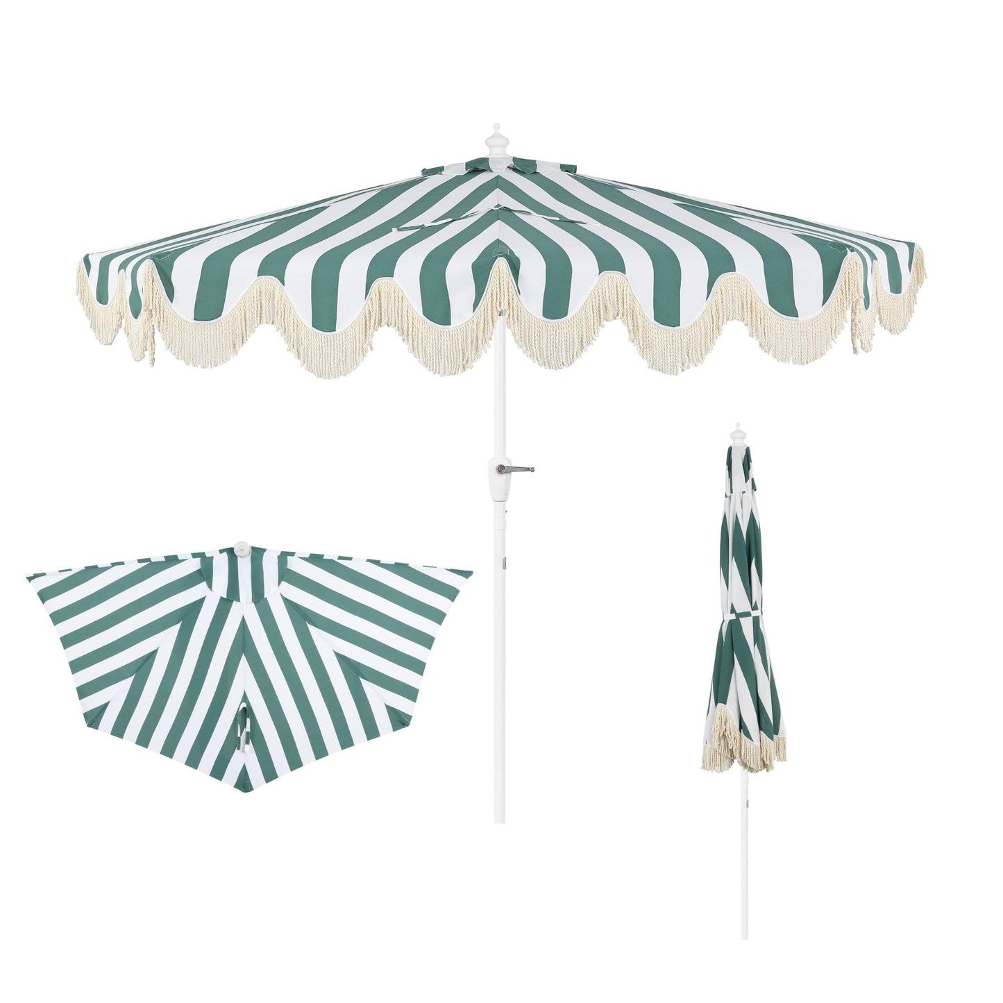 JONATHAN Y Half Umbrella UMB1201L Beverly 9 ft. Designer Classic Scalloped Fringe Market Patio with Crank, Tilt Button and UV Protection in Green/White, White Pole