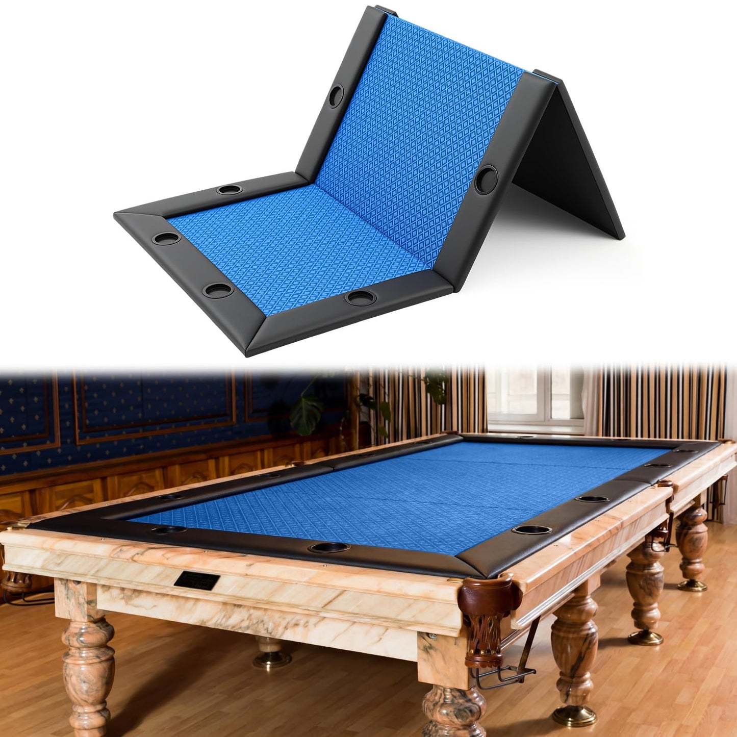 Hillsuren 86.2" x 43.5" Poker Table Tops for 8 Feet Pool Tables 10 Player Poker Table Game Billiard Pool Convertible Cover Mat Waterproof and Foldable, Blue
