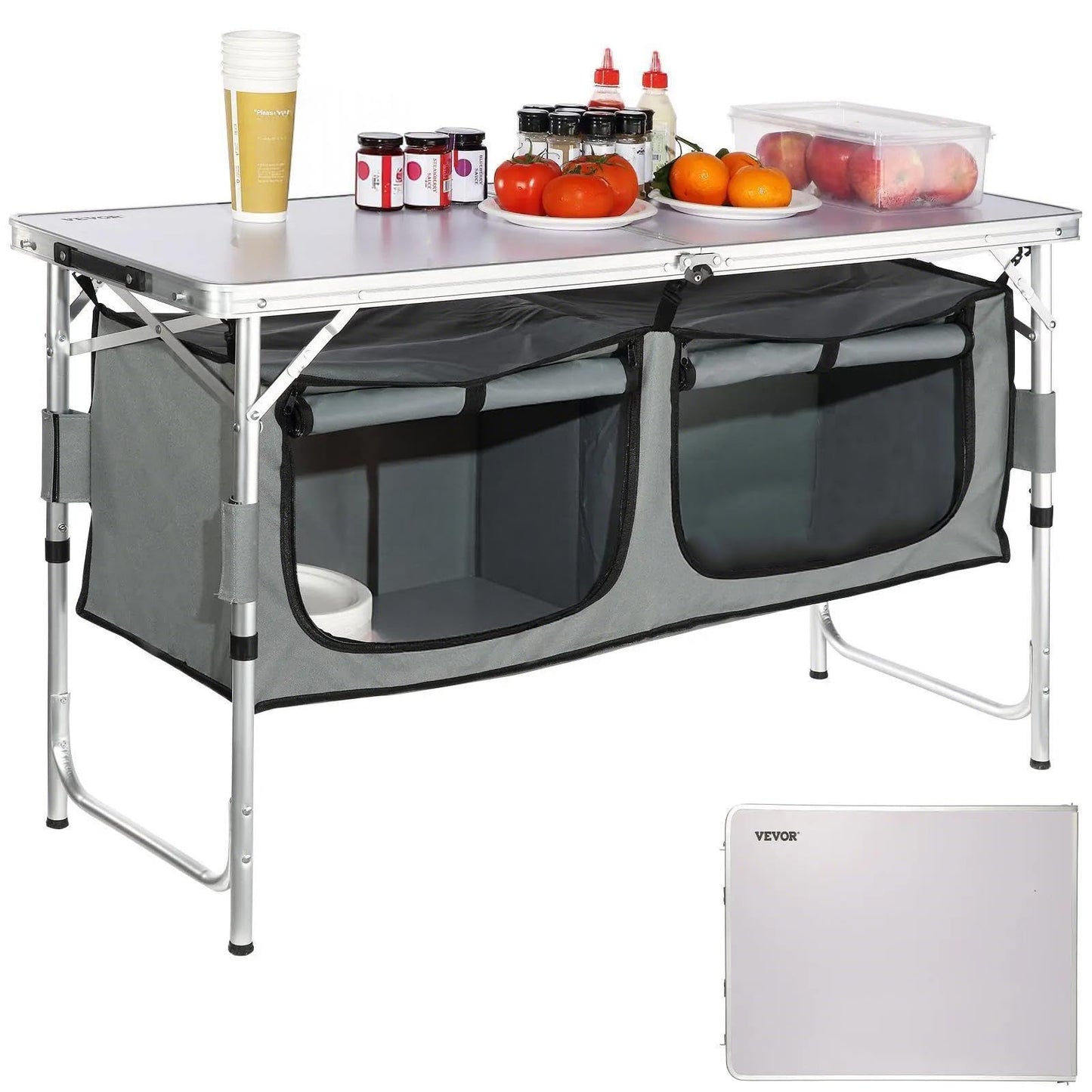 VEVOR Camping Kitchen Station, 3 Adjustable Height Folding Outdoor Camp Cooking Table with Storage Organizer, Quick Set-up for Patio BBQ Picnic Glamping Traveling