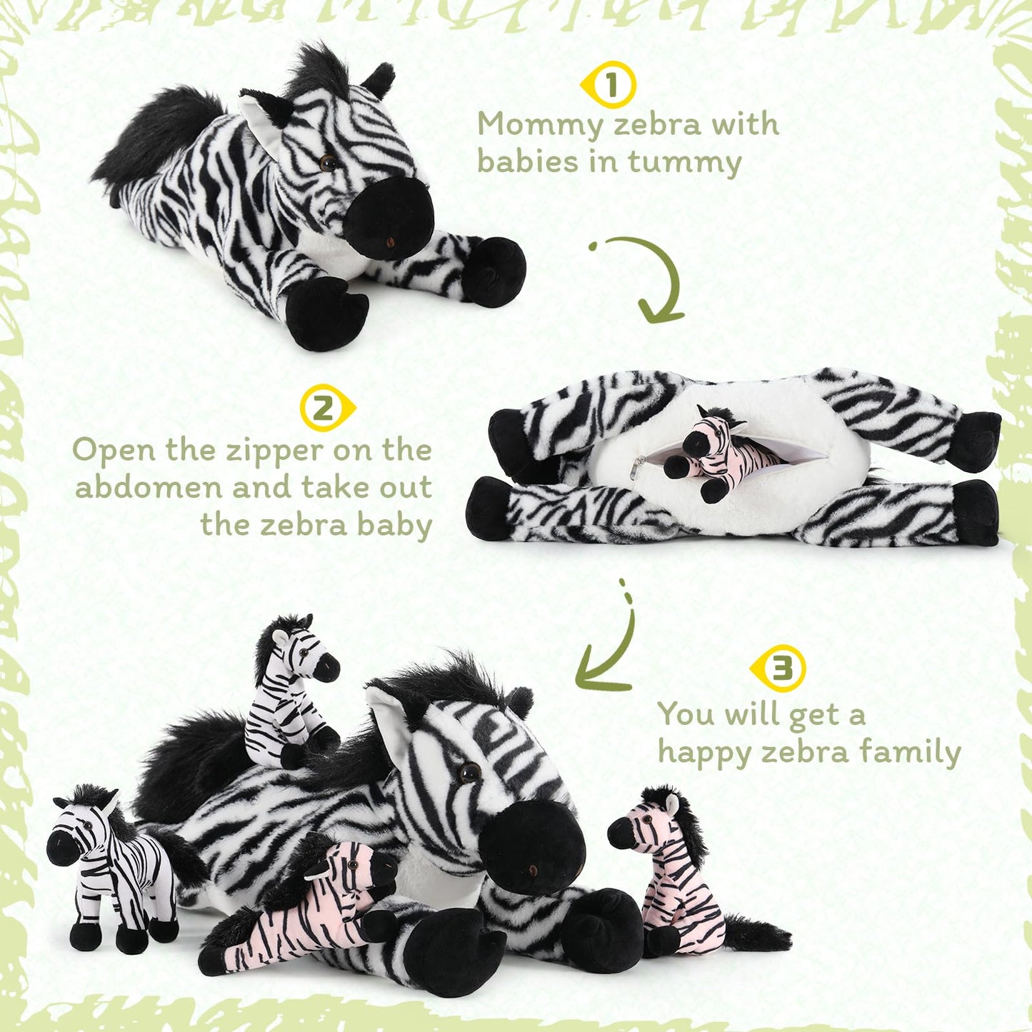 Tezituor 5pcs Wildlife Zebra Stuffed Animals Set, 25 inch Realistic Stuffed Zebra with Babies for Boys Girls, Large Pinto Plushies Pillow Toy for Brithday Gift Decoration