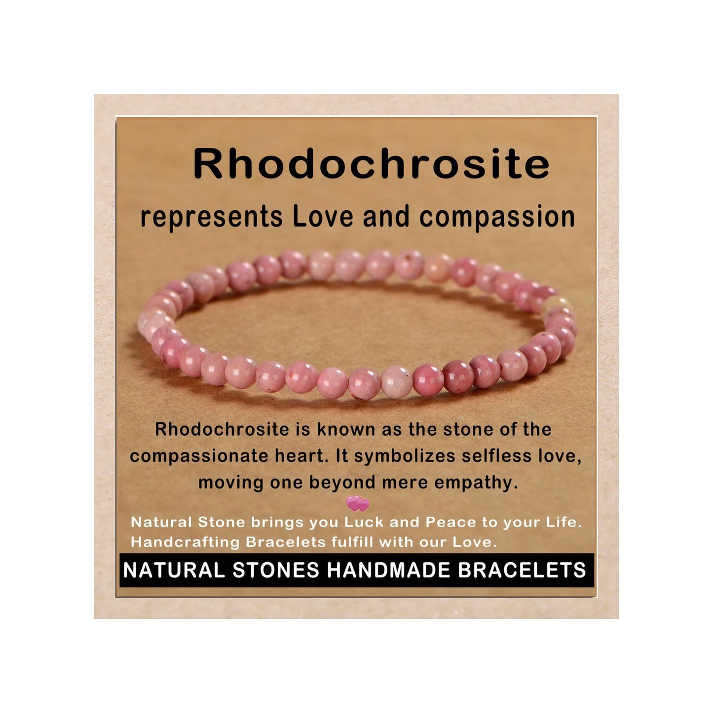 AD Beads Handmade Gemstone Stretch Elastic Bracelet Crystal Healing Reiki Nature's Beauty and Spiritual Essence Unisex (4mm, Rhodochrosite)
