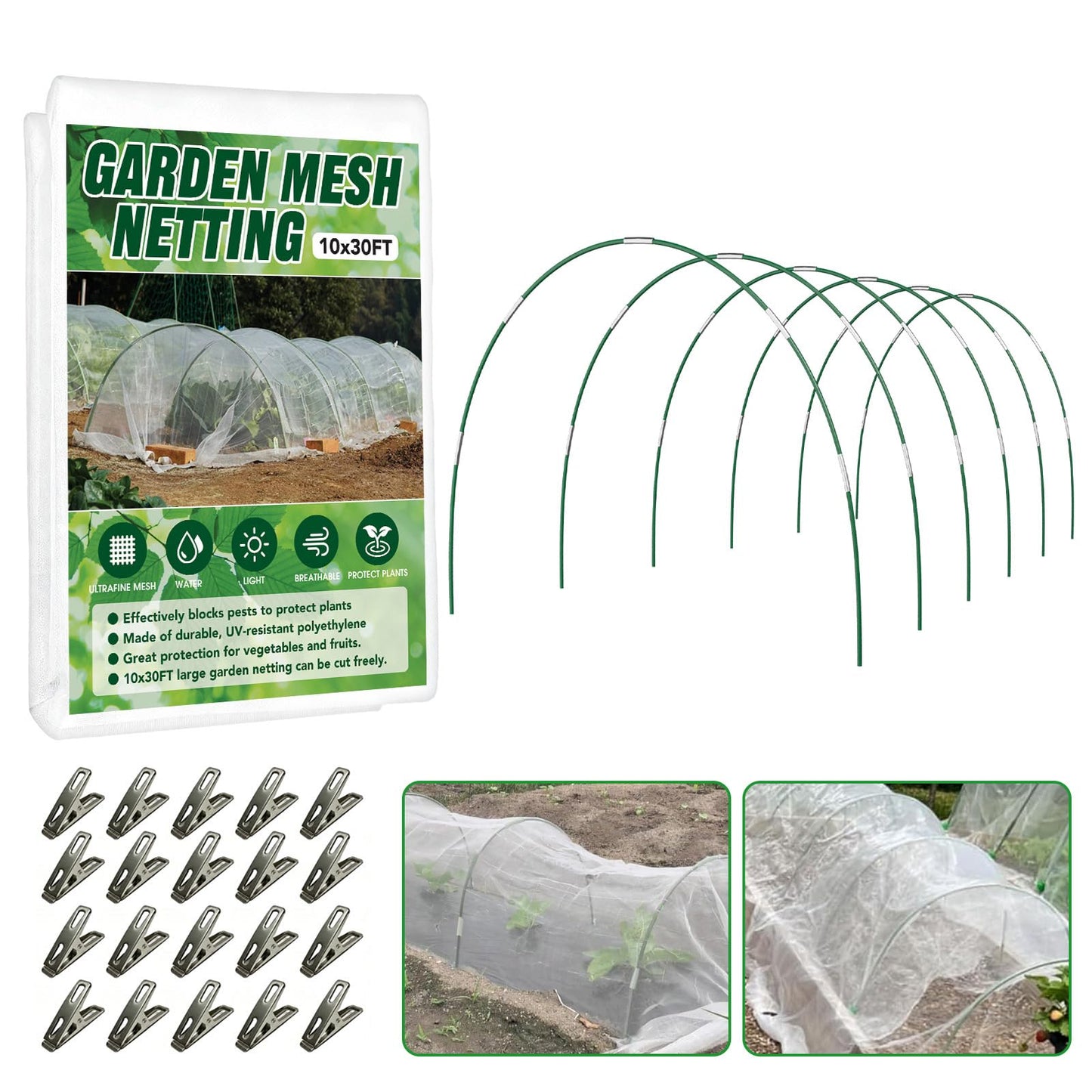 Garden Netting Kit for Raised Beds, 10x30FT Ultra Fine Mesh Netting ＆6 Sets Fiberglass Garden Hoops, Insect Netting for Garden Plant Row Cover Vegetable Flowers Protection Barrier