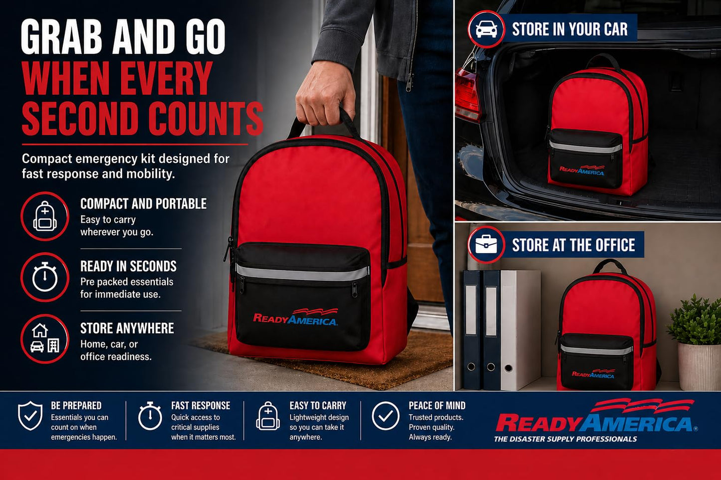 Ready America 70380 72 Hour Emergency Kit, 4-Person, 3-Day Backpack, Includes First Aid Kit, Survival Blanket, Emergency Food Portable Disaster Preparedness Go-Bag for Earthquake, Fire, Flood