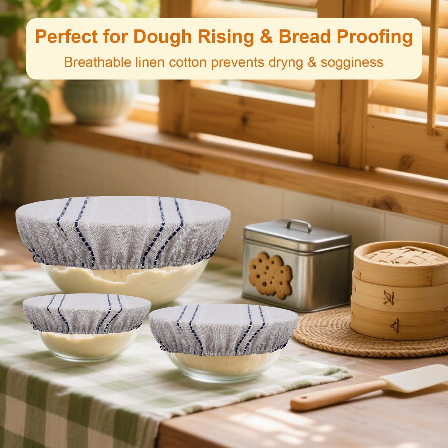 HMAZAE Reusable Bowl Covers for Bread Proofing, 9/10/13 Inches Bread Proofing Cover, 3 Pcs Linen Cotton Food Cover for Sourdough Proofing Basket, Food Storage Baking Supplies for Home Bakers