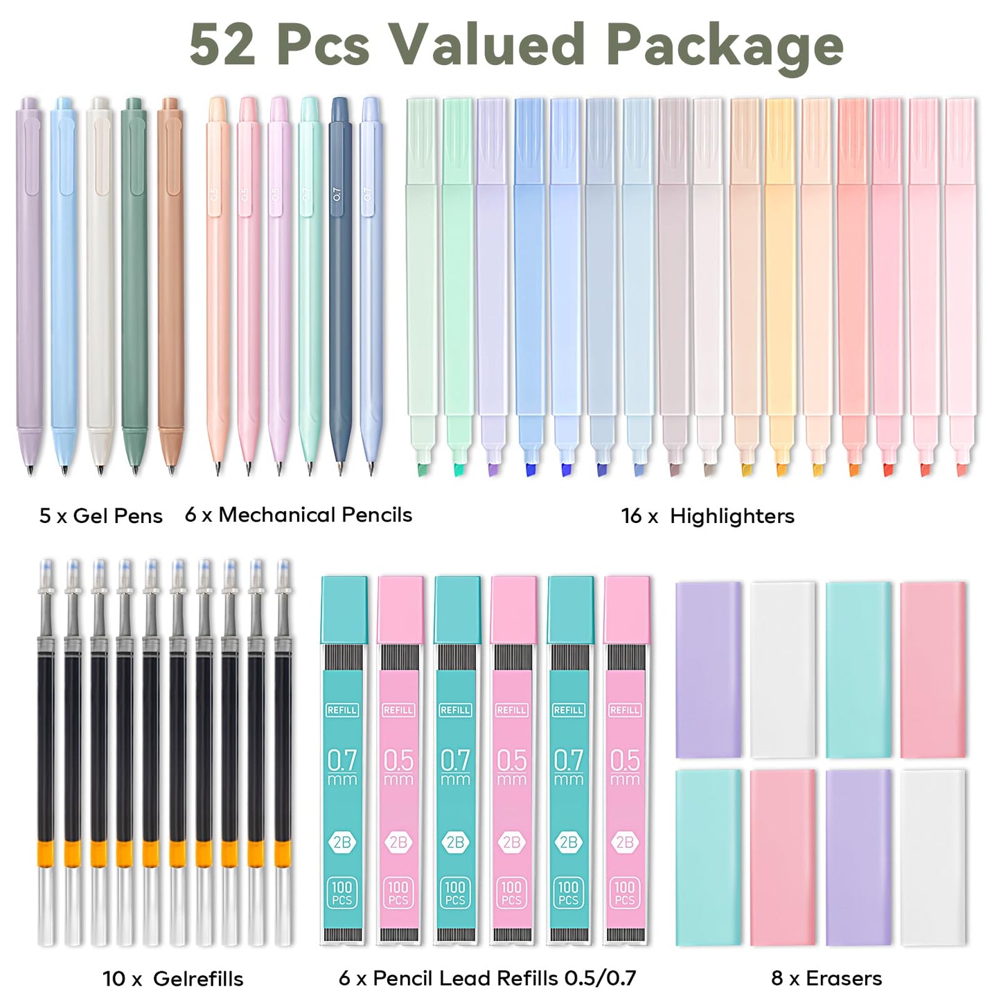 52 PCS Aesthetic School Supplies with Cute Pencil Case, Stationery Essentials with Pens Pencils and Pastel Highlighters Set,College Back to School Supplies for Teen Girls,Pastel Office Supplies-Green