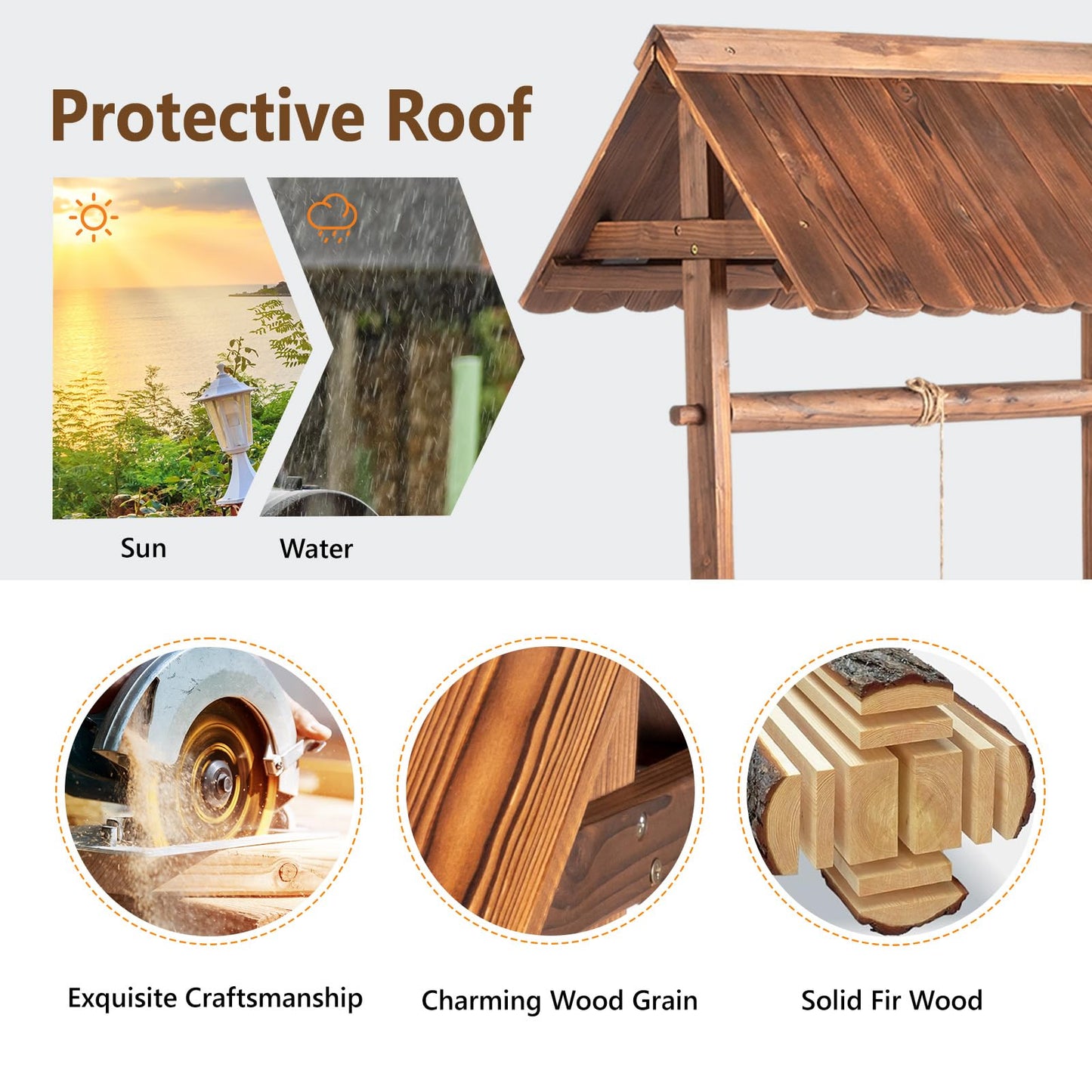 VINGLI Wooden Wishing Well Outdoor Planters, Well Covers for Yard with 2 Reinforced Rods, Height Adjustable Hanging Bucket, Rustic Flower Pot Home Decor for Outside Patio Garden