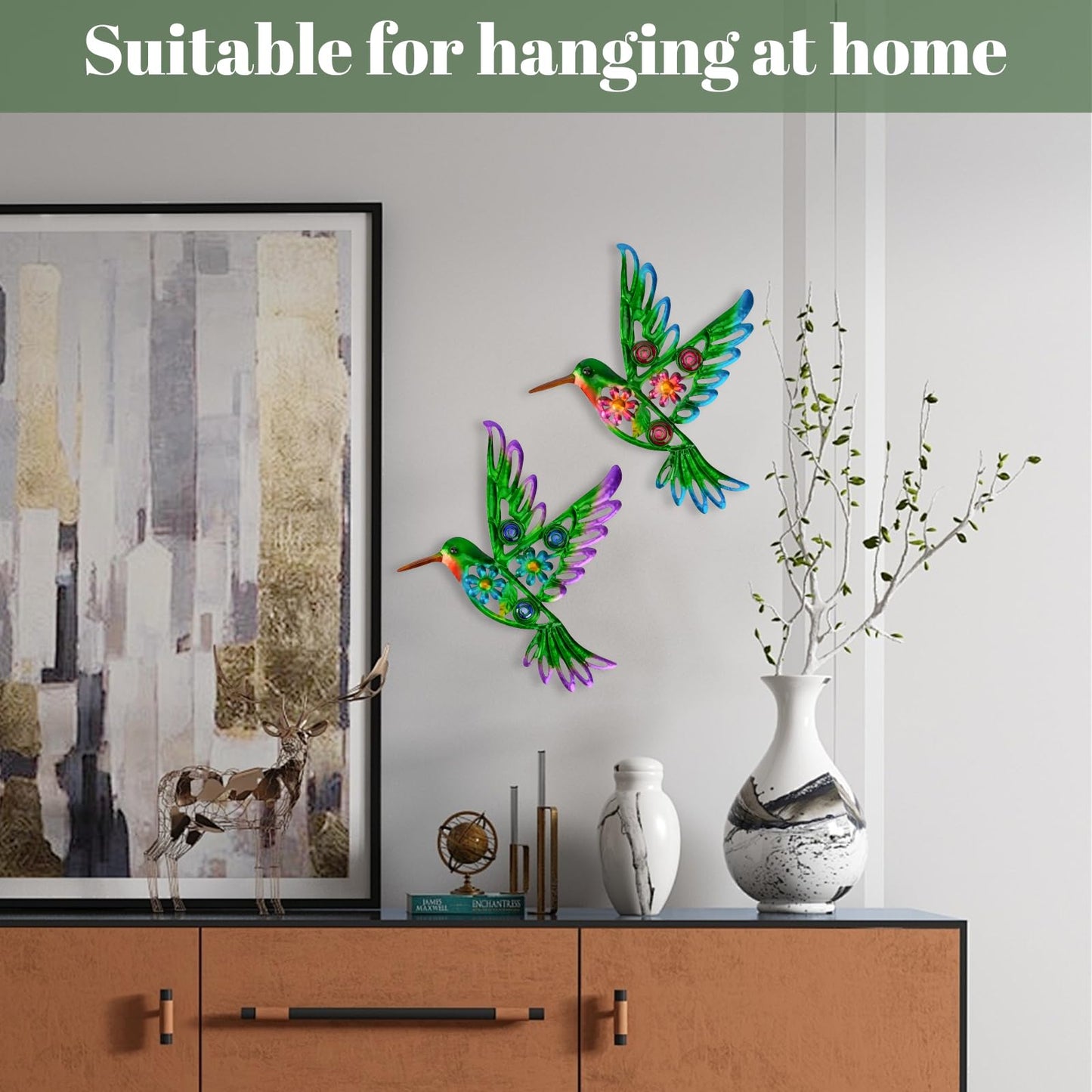 YIWEMON 2 Pack Metal/Glass Hummingbird Wall Decor, 12.4" Outdoor Fence Wall Art Decor, Wall Sculpture Hanging Decoration Perfect for Garden Yard Living Room Bedroom Patio Balcony