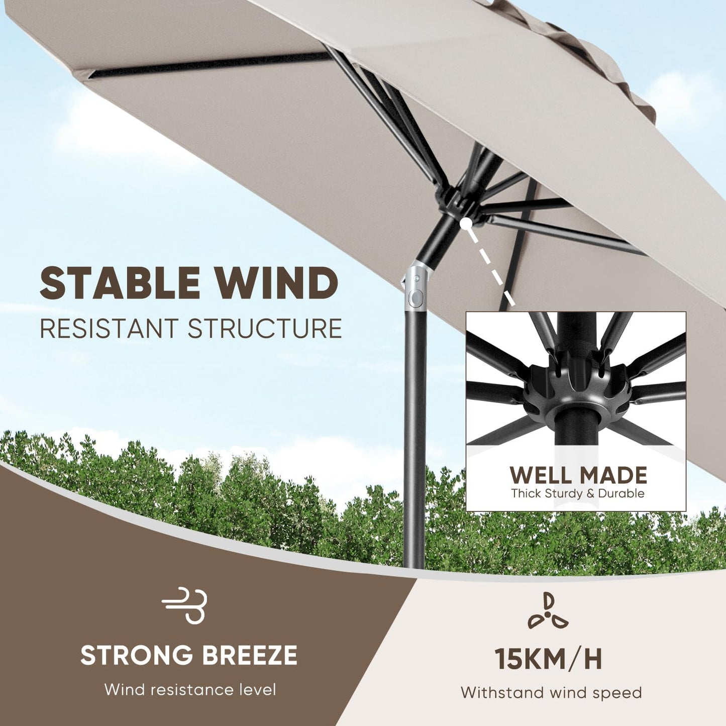 Tempera 9ft Patio Market Outdoor Table Umbrella with Push Button Tilt and Crank, Large Sun Umbrella with Sturdy Pole & Fade Resistant Canopy, Easy to Set, Beige