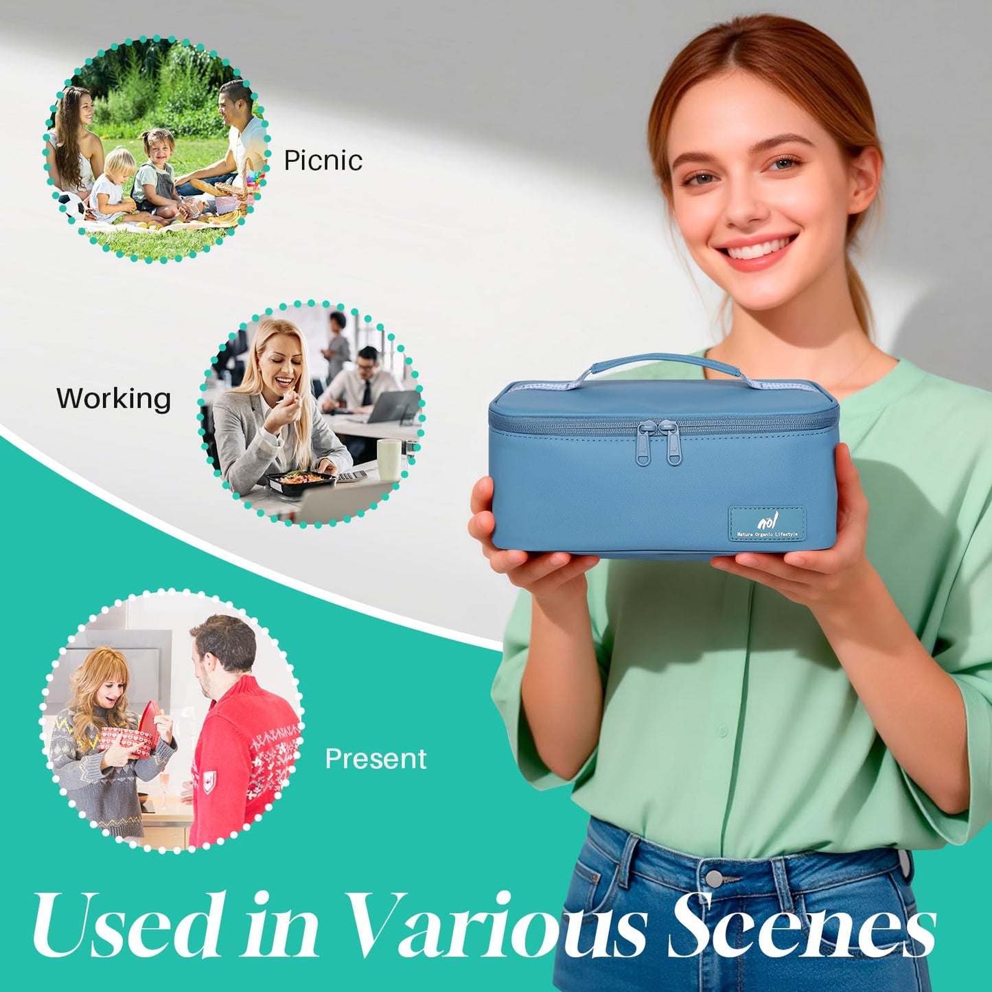 NOL Natural Organic Lifestyle Insulated Lunch Bag for Adults –Compact Cooler Lunch Box with Food-Grade Lining, Waterproof Lunch Bag for Work, Travel | Portable Thermal Meal Tote with Handle,Dusty blue