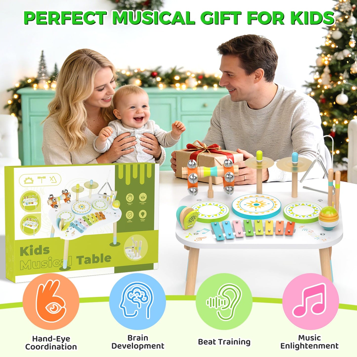 12-in-1 Drum Set for Toddlers 1-3,Baby Musical Instruments Table ,Wooden Montessori Toys with Xylophone,Bongo Drums,Cymbals,Maracas & Wrist Bells,Birthday Gift for 1 2 3 Year Old Boy Girls