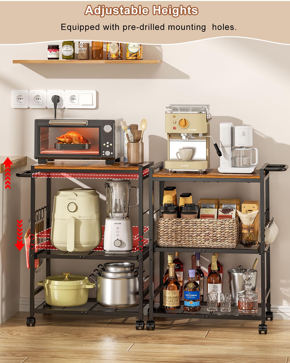 Feyejade Microwave Cart with Adjustable Shelves 3-Tier, Rolling Kitchen Cart with Push Handle, Microwave Stand with Storage, Small Utility Cart with Drawer Slider Shelf for Kitchen, Living Room