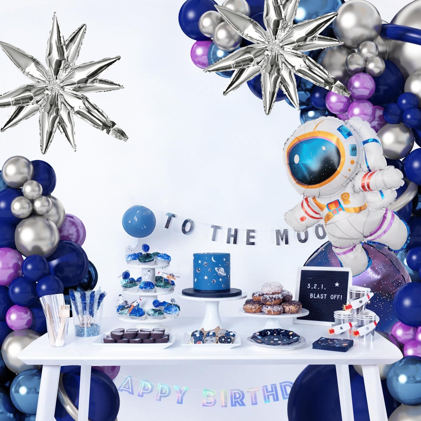 Amandir139pcs Space Balloon Garland Arch Kit Outer Space Birthday Decorations with Blue Purple Silver Galaxy Astronaut Foil Balloons for Boys Themed Birthday Party Decoration Supplies