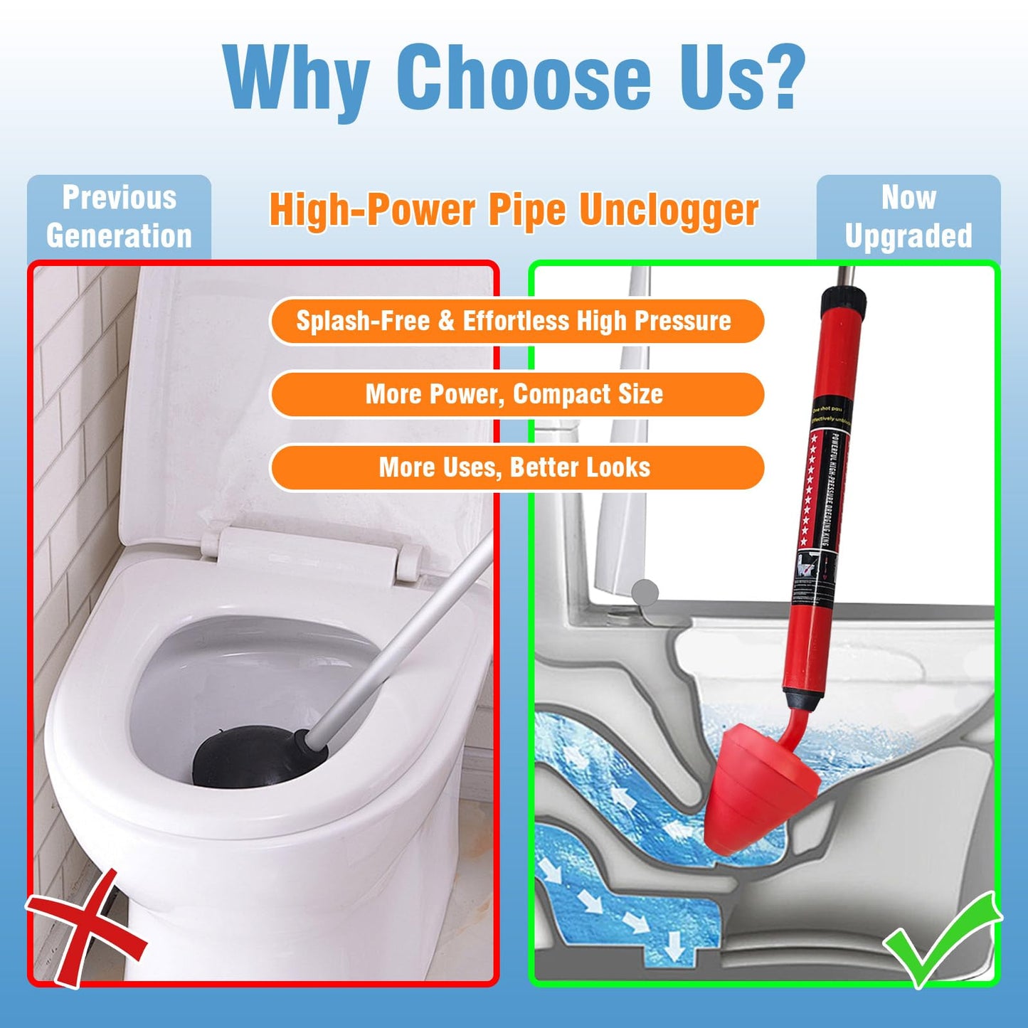 Rmticd Toilet Plunger, High-Pressure Plungers for Bathroom, Toilet Brush and Plunger Set - Powerful Air Drain Unclogger & Heavy-Duty Clog Remover for Bathroom Drains, and Clogged Pipes