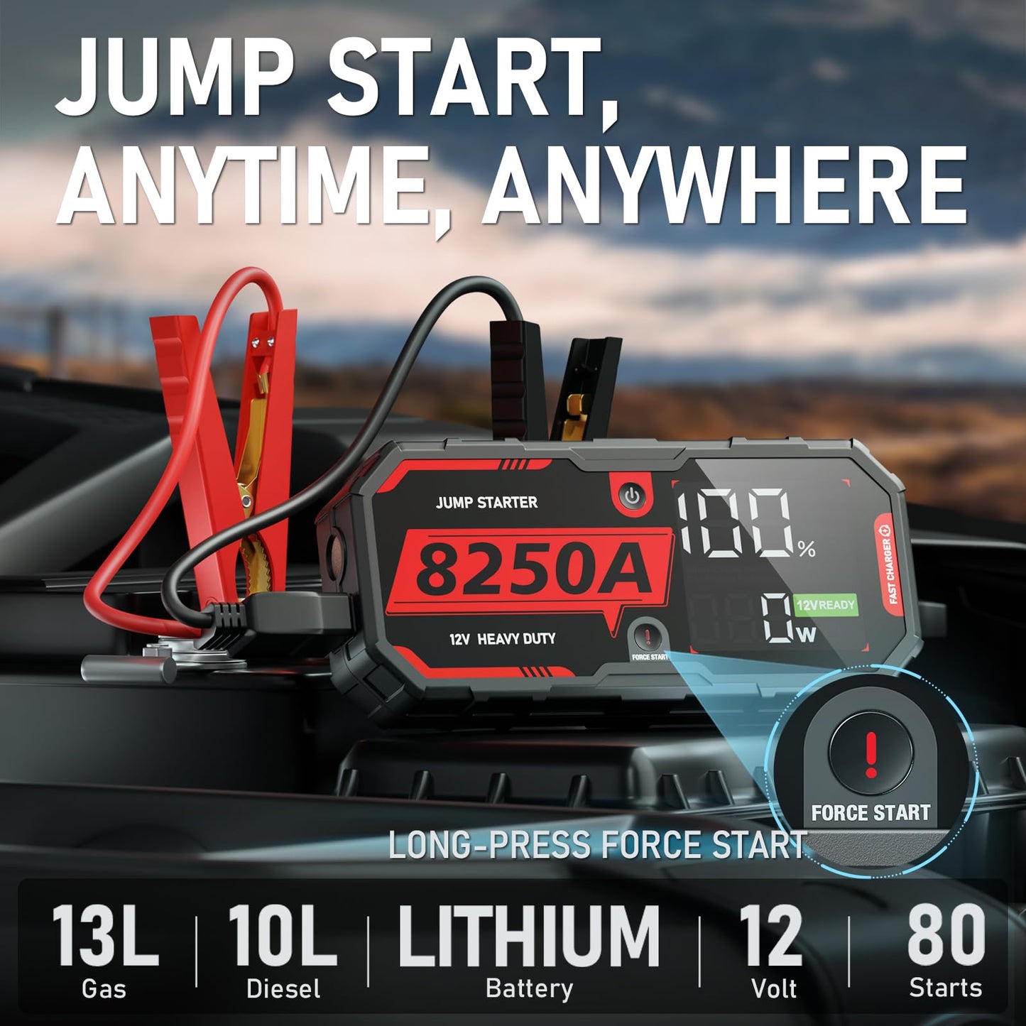 ATGFOX 8250A Jump Starter Heavy Duty Jumper Starter Portable Battery Pack (Up to 13L Gas / 10L Diesel), 24000mAh Power Bank, 12V Auto Car Truck Battery Booster Jump Box, 48-Months Stand-by Time