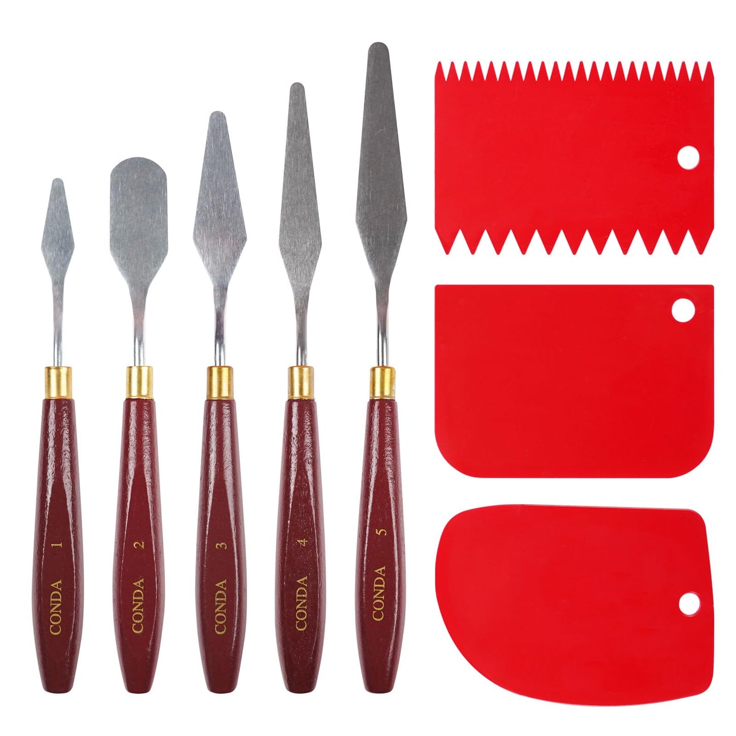 CONDA 5 Pcs Palette Knife Painting with 3 Plastic Scrapers, Stainless Steel Spatula Palette Knife Oil Paint Metal Knives Wood Handle