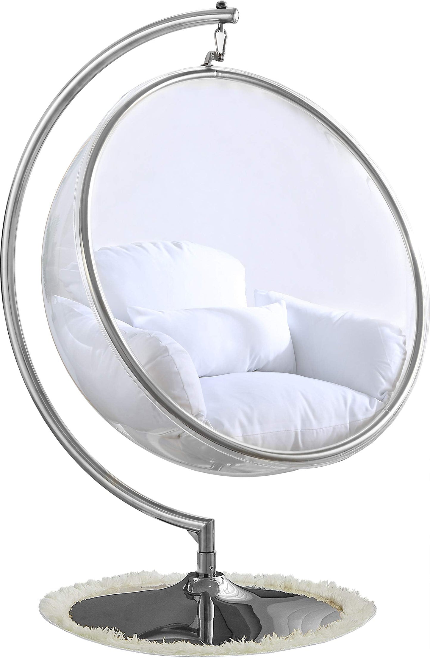 Meridian Furniture 507White Luna Collection Modern | Contemporary Clear Acrylic Accent Swing Chair with Durable Metal Base and Fabric Seat, White, Chrome Finish, 41.5" W x 29.5" D x 64" H
