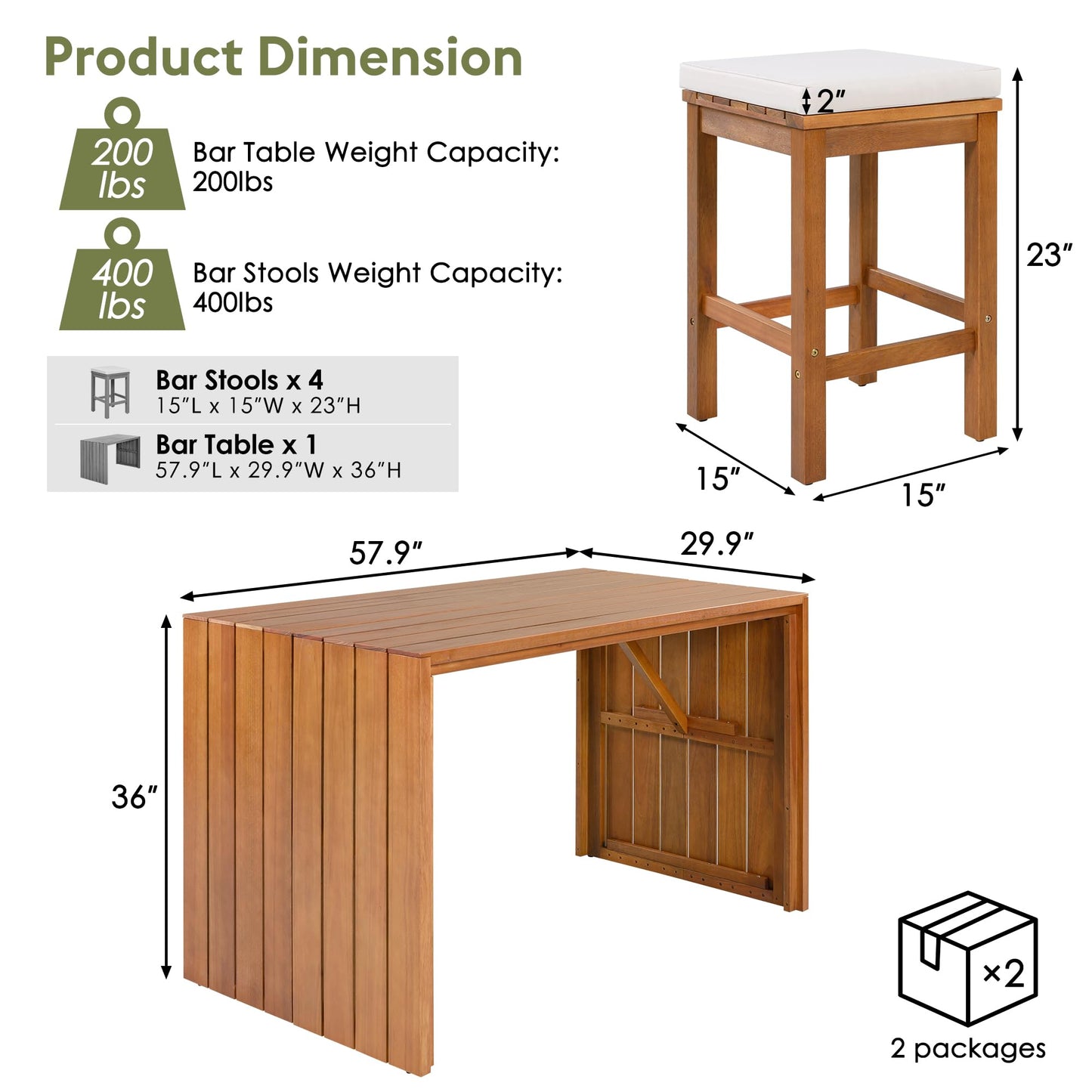 GDFStudio 5 Piece Outdoor Bar Table Set with 4 Stools, Patio Acacia Wood Bar Height Dining Furniture with Cushions, Natural Wood Counter Height Table & Chairs for Backyard, Balcony, Garden, Poolside
