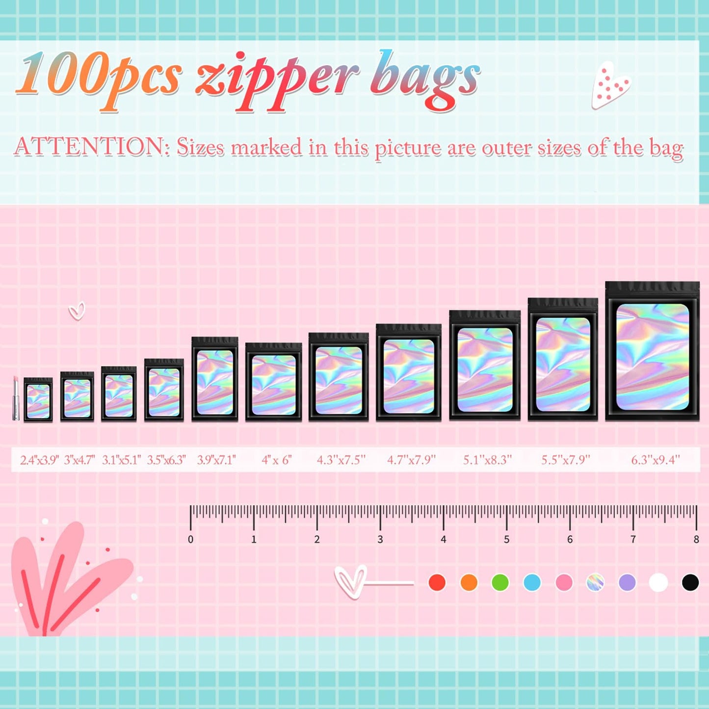 Funfery 100 pcs Black Smell Proof Mylar Holographic Packaging Bags,Clear Resealable Odor Proof Bag Foil Pouch Zipper Bag for Food Storage,Snack,Gloss,Jewelry,Lash,Card Packing for Small Busines(4x6In)