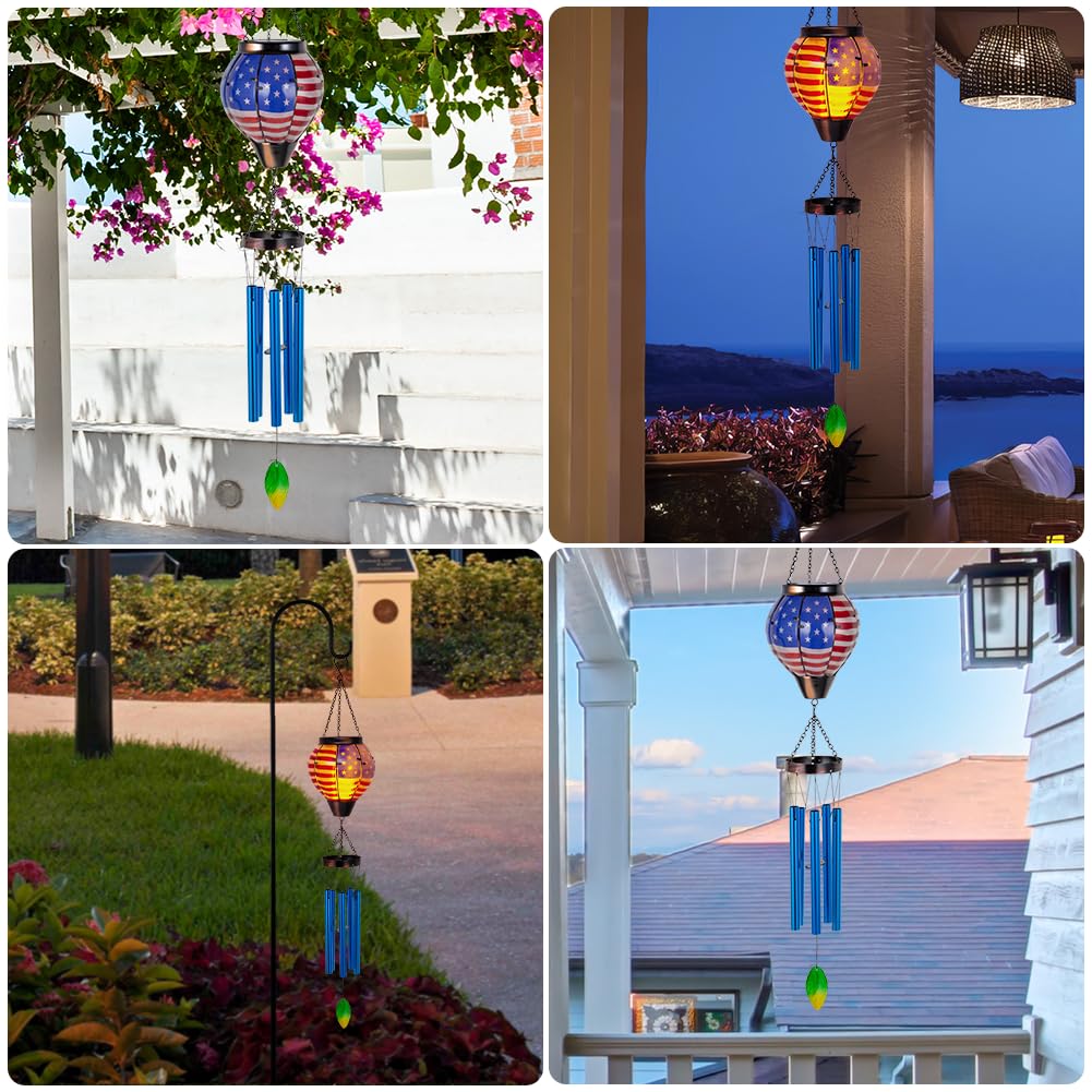 Solar Wind Chimes for Outdide,American Flag Solar Hot Air Balloon Wind Chime with Flame Flickering Light,Glass Windchimes with 5 Thicken Tubes,4th of July Decorations for Garden