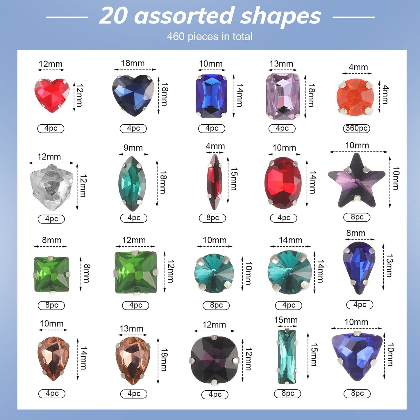 460 Pieces Sew on Rhinestones Glass Sewing Claw Gemstones and Crystals Metal Back Prong Setting Sewing Rhinestones for Clothes DIY Crafts Clothes Shoes Bag (Mixed Color)